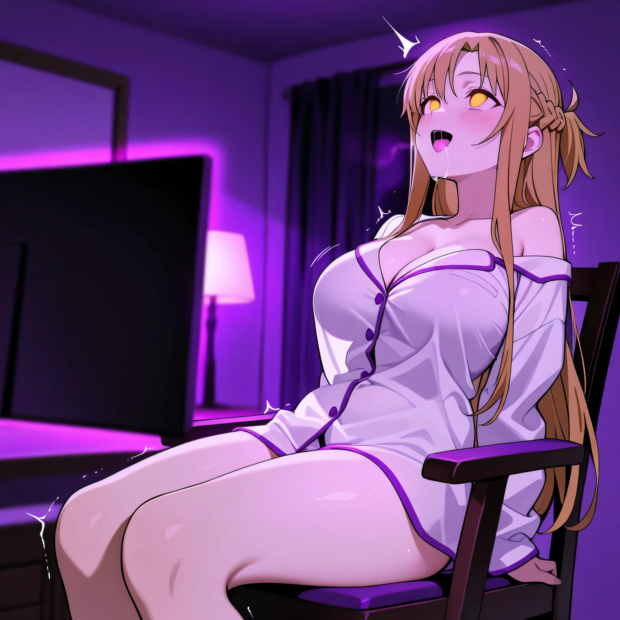 score_9, score_8_up, score_7_up, 1girl, sole female, only female, (top quality, 8k), high resolution, smooth, best quality, highly detailed, bedroom at night, purple light, ((from the front)), (dark room), large breasts, glowing hypnotic waves in the background, at night, masterpiece, high quality, absurd resolution, blush, happy, glowing yellow eyes, empty eyes, orgasm face, bliss, orgasm, orgasm, breast focus, white silk pajamas, off shoulder, shoulders visible, white pajamas, cleavage, see-thru silhouette, asuna_\(sao\), long_hair, brown_hair, very thin legs, long legs, saliva trail, drooling, staring at hypnotic purple light, looking up, sitting in a chair in the middle of the room, sitting in chair, arms hanging on sides, back arched, leaning back, stretching, facing up, legs together, legs closed, motion lines, cowboy shot, motion lines, trembling