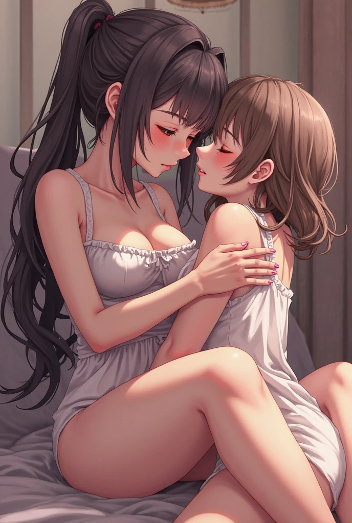 Highest quality, Soft Light, Ultra-high resolution,People Girls, 2 people,Hugging and kissing, sexy, (Shy face), (Brown eyes), Beautiful face in every detail,(High resolution detail of human skin texture), (Long Hair,Brown Hair), break, bed,bra, (Open your mouth:1.2),tongue,White Skirt,Sweat,Sigh,Touching each other's groins