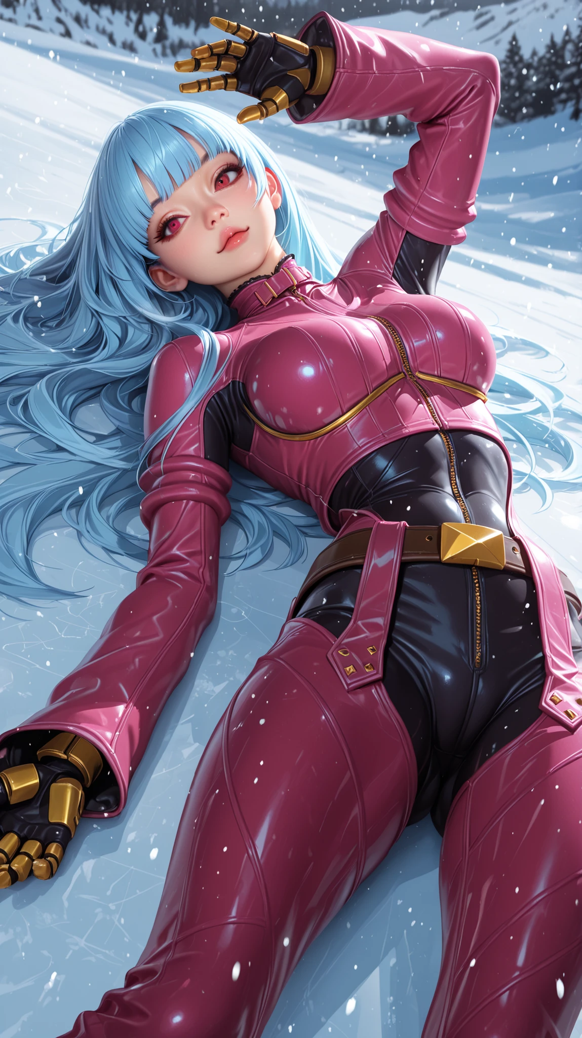 (Perfect anatomy), masterpiece, ultra high quality , 16k, masterpiece, higher quality, Ultra-high resolution, maximum resolution , ultra detailed, professional lighting, anime, so beautiful , Highly detailed 16k eye, highly detailed face,hyperrealistic eyes , Pretty Eyes , better quality, pretty face, attractive face, detailed facial test , Rotulo2, seductive face,(extremely detailed and high quality illustration),(best lighting and shading effects, high detail, medium, nice hips, perfect body, kula diamond, red eyes, blue hair, blunt bangs, long hair armored gloves, chaps, zipper, belt, cropped jacket, leather jacket, pink jacket, pink bodysuit, multicolored jacket, multicolored bodysuit, icy background, glacier, face of concentration, ice skating, gust of wind, snowing, daytime, sunny, looking at viewer, on back, focus ass, ass, (from below:1.2),standing