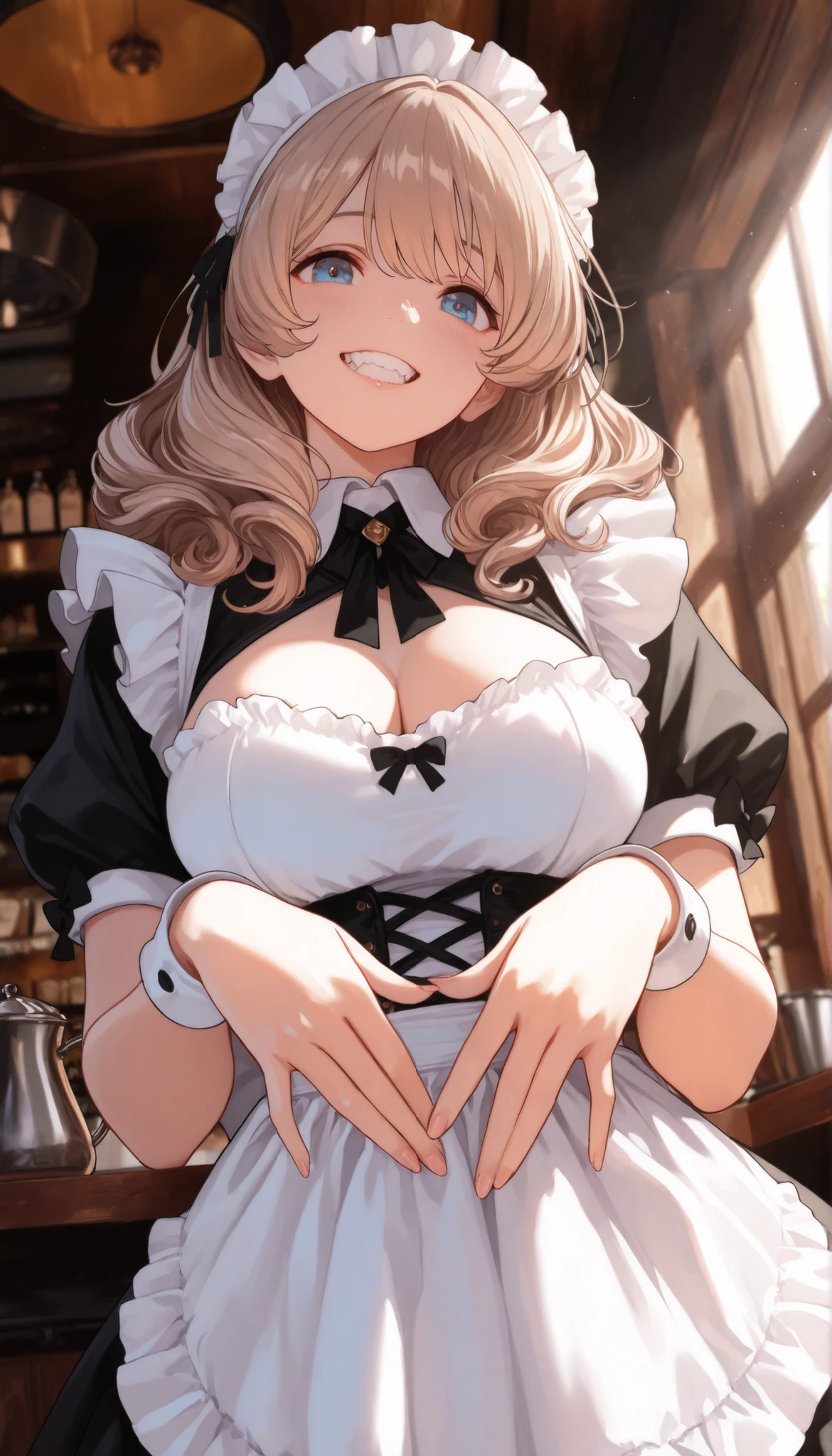 (fantasy:1.5),(8k,masterpiece, top quality, best quality,beautiful and aesthetic:1.2,professional illustrasion:1.1,ultra detail:1.3,perfect lighting),extremely detailed,highest detailed,incredibly absurdres , highres, ultra detailed,intricate:1.6,(Alchemy Workshop:1.4),A girl mixing,Medicine in many small bottles,holding small potion,colorful:1.4,zentangle,(a girl 26yo old),(cute girl),pointed chest:1.3,(double breasted:1.2,under bust:1.2), Amazing Cleavage:1.3, thin waist, big ass, Raised sexy, big breast: 1.2 posed cleavage:1.2,(female alchemy),(highly detailed beautiful face and eyes,firm breasts),oily skin,((bronde hair, long pony tail hair)),thin pubic hair,cute,lovely,beautifuk alchemist costume,smile,in the kitchen,smile,seductive weak smiling,(with sparkling eyes and a contagious smile),open mouth, Looking at Viewer,
