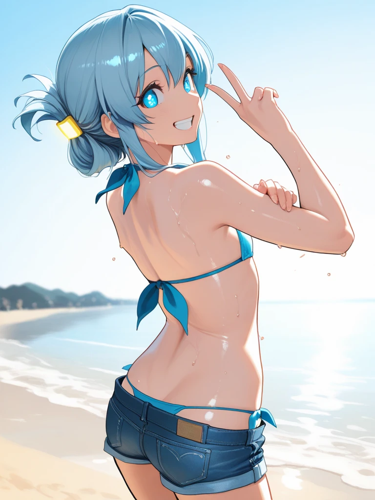 There is a woman in a bikini and a cat on the beach, Pose(Arms up + cheerfulness), on the beach, Rem Rezero, in beach, pixiv contest winner, in the beach, full bodyesbian:: Sunny weather::, 2 d anime style, Rei Ayanami, at pixiv, drawn in anime painter studio, rimuru
