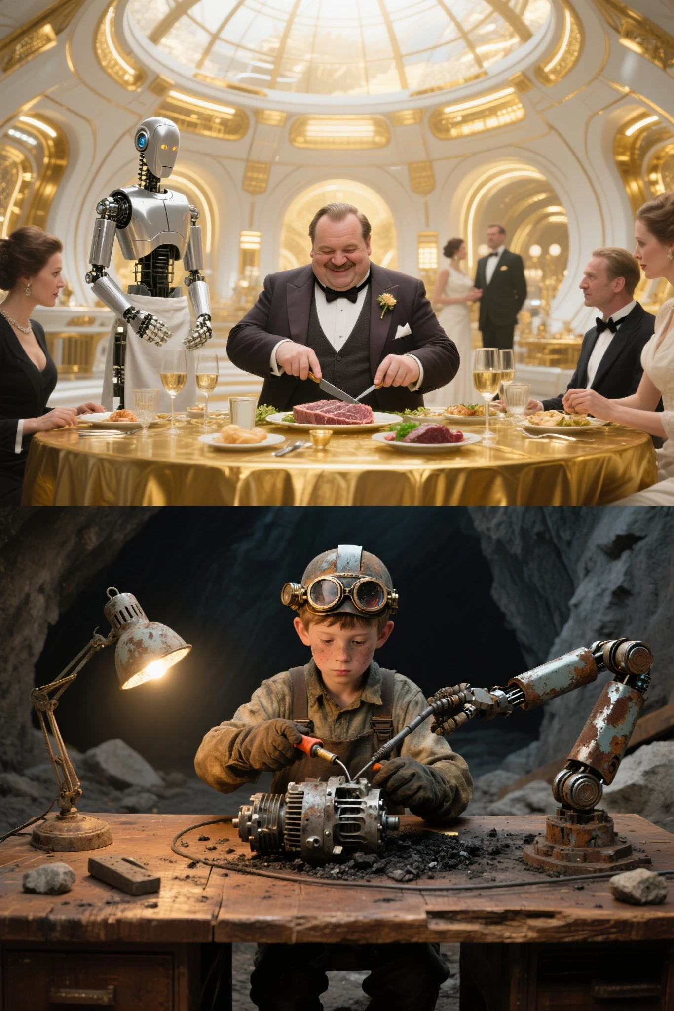 In the upper half:
A luxurious, aristocratic paradise inside a magnificent cyber-dome. The background is radiant with gold and white, filled with sweeping futuristic arcs and glowing panels. Elegant men and women in fine clothes enjoy a lavish meal at a golden table, attended by a tall, silver robot butler. At the center, a chubby, wealthy man in a formal suit smiles faintly while cutting into a thick steak. The entire scene glows with warm, golden light and opulent futuristic luxury.

In the lower half:
A close-up of a single boy, dressed as a coal miner, faces the viewer with a serious, focused expression. He sits at a brown wooden work table, wearing worn, dust-covered clothes, heavy work gloves, and steampunk goggles on his head. On the table in front of him is a battered, broken engine which he is carefully repairing with a soldering iron.
To the boy’s left stands a filthy, old lamp casting a small, weak circle of light that sharply illuminates the desk and the boy’s hands, while the rest of the space is swallowed by deep, oppressive darkness.
To the boy’s right, an unused, rusted robot arm lies forgotten on the edge of the table, barely visible in the gloom. The cave-like background,  wooden planks and scattered stones can hardly be seen, as everything beyond the immediate light is lost in shadow.
This powerful contrast between the dazzling, futuristic paradise above and the almost total darkness below is dramatic and haunting.