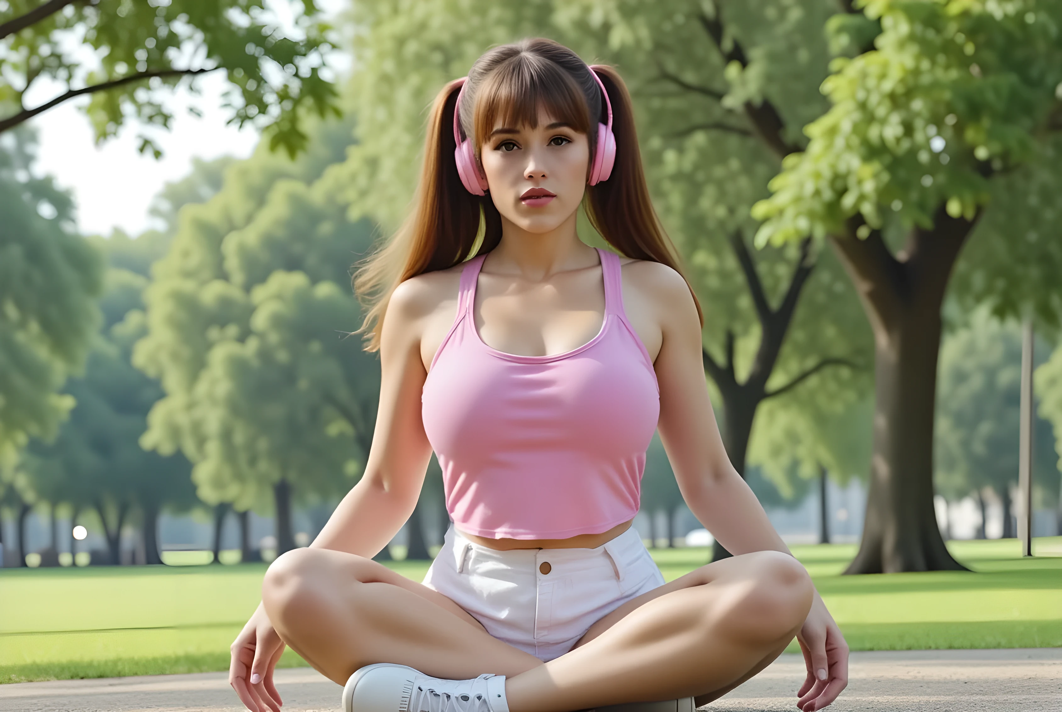 front view, She is 18 years old and slender with white skin and brown hair and brown eyes. Twin tail hair model and full bangs, with pink headphone, (big breast:1.0), with sport bra light pink, white short white pan, sitting at city park, very graceful pose depicts extraordinary beauty, white shoes, slim body, sexy body, sensuality, adorable , 4k, sitting cross-legged, viral dynamic pose, under a shady tree, morning atmosphere with a beautiful rural view, candid, professional photography, take by fujifilm xt 5, full body,