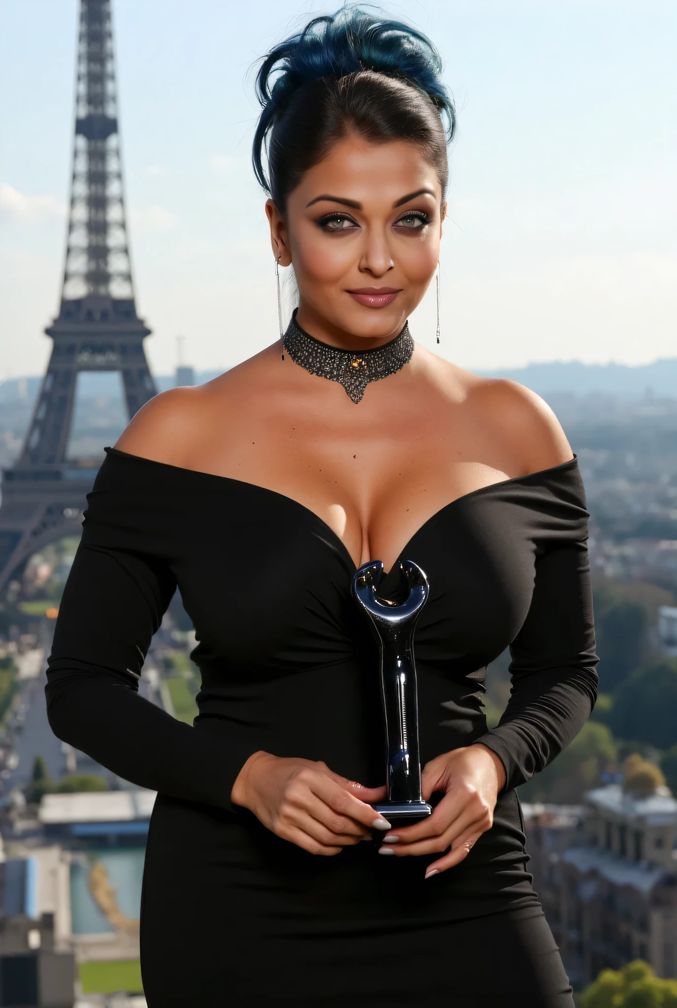 SEXIEST 50YO MATURE MILF AISHWARYA RAI as (((SEXY SENSUOUS MATURE MILF))), (((FLIRTATIOUS MISCHIEVOUS STARE))), ((((HEAVY SMOKY EYES MAKEUP WITH ARCHED EYEBROWS AND "MILF" CHOKER IN NECK)))), (((MESSY HIGH PONYTAIL SLICKED BACK HAIR WITH BLUE COLOURED HIGHLIGHTED STREAKS))), ((OFF SHOULDER DEEP NECKLINE SHORT BODYCON DRESS EXPOSING CLEAVAGE)), ((boots)), (((OUTDOOR PHOTOSHOOT WITH A BLACK "PENIS SHAPED AWARD" IN HANDS ON TOP OF EIFFEL TOWER))), day scene, MATURE CURVACEOUS MILF FIGURE, look straight at camera, soft volumetric lights, intricate details, (ArtStation:1.2)