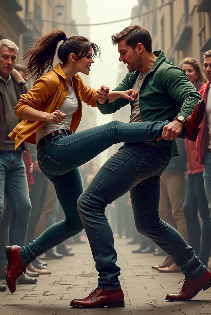 A woman giving a very strong kick in the parts to a young and handsome boy,that hurts a lot ,in front of a lot of people