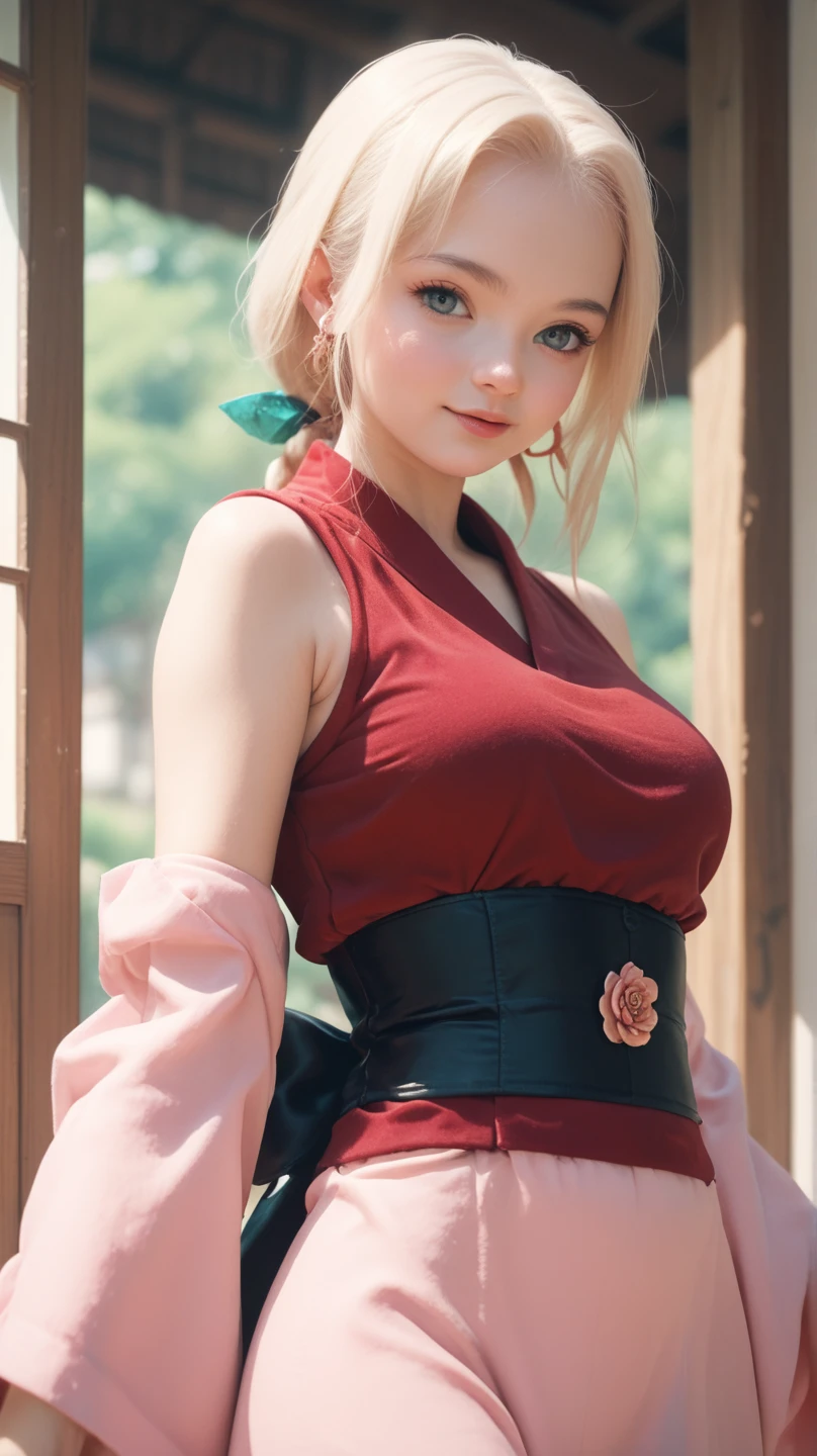 masterpiece, absurdres, yamanaka ino\(boruto\), 1girl, solo,mature female, purple falling long malay gamis satin, transparent body, outdoors,konoha village detail, looking at viewer, (falling petals), cloudy sky, perfect composition, detailed lips, big breast, beautiful face, body propotion, blush, (pink lips), blonde ponytail hair, detail eyes, soft gaze, sad smile, super realistic, detailed, photoshoot, realistic face and body, realistic hair, realistic eyes, realistic nose, realistic lips, ((erect, emerge, streak)), butt to camera, emphasized ass, long skirt