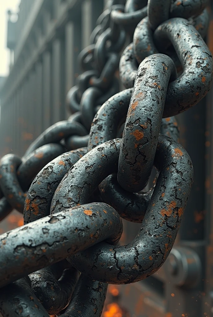 a floating island chained to the ground, focus on one of the chains, camera angle from bottom, sunshine, warm lighting, rusty chains
