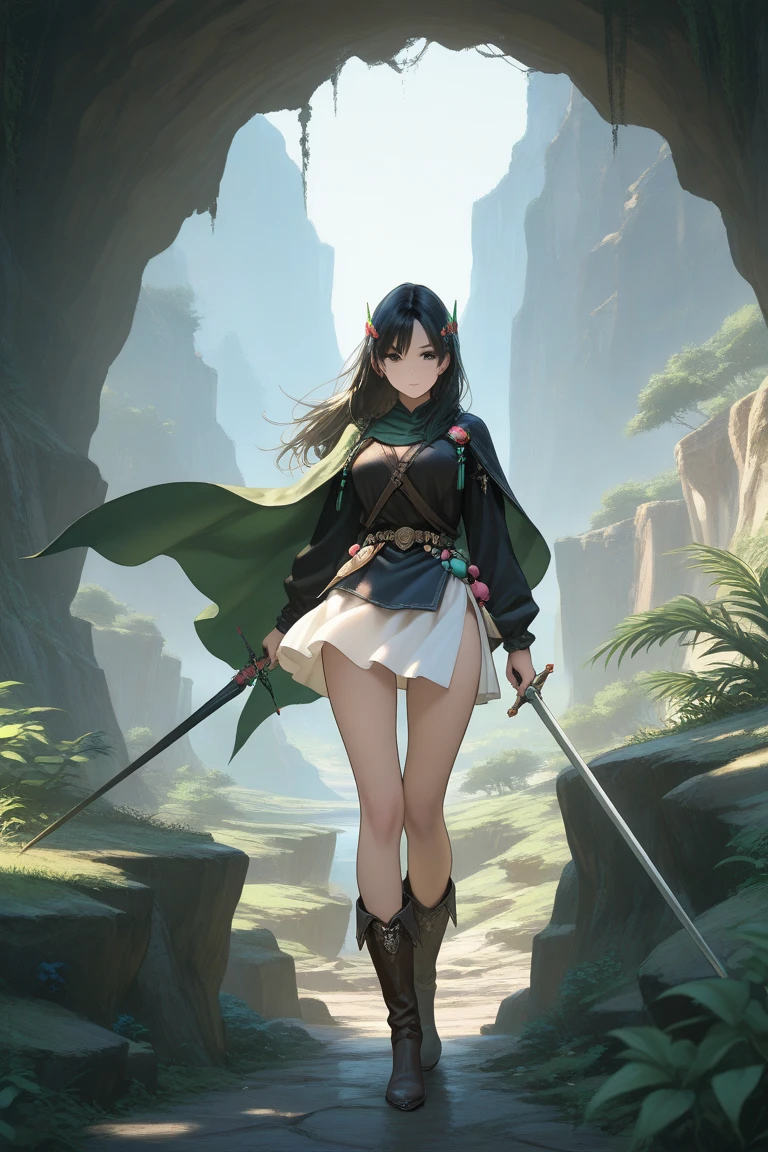 Create a mesmerizing artwork cover for the musical composition titled 'Wandering Spirit.' The Fullbody captivating artwork features a captivating girl with elf-like ears, Half tone cute, gazing enchantingly over her shoulder towards the viewer. She has a lovestruck expression and tender pose, holding an ethereal sword in her hand, intricate details reflecting her mystical nature. The scene is set amidst a lush, vibrant forest background with soft render and pastel animation colors, evoking a sense of whimsy and enchantment. The girl's features are perfection, with perfect eyes and a perfect face, radiating ethereal beauty. The sword she wields emanates a soft, ethereal glow, symbolizing her inner strength and journey of self-discovery. The setting is an enchanted forest, filled with blooming flowers and dappled sunlight, adding to the magical atmosphere. The artwork subtly incorporates sensuality, with elegant poses and sensual details enhancing the girl's attire and posture. This artwork is a masterpiece, perfectly capturing the enchanting spirit of the musical composition 'Wandering Spirit.'