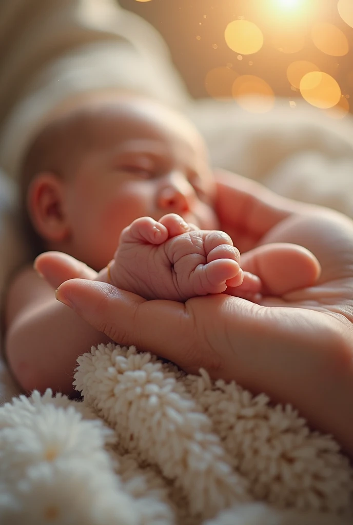 (((masterpiece))), (((Highest quality))), ((Very detailed)), (photograph), emotive (photo:1.2) of a hand of a father holding his newborn baby's hand. [Entire scene is surrounded by mist, evoking a mysterious and eerie atmosphere. The lighting is dark and atmospheric, with smoke and fog adding a touch of sinister ambiance. Best quality image, HDR enhancement, showcasing the utmost level of detail and realism]. [8K, Best Quality, Ultra High Resolution, (highly detailed CG unity 8k wallpaper), (best photo), (best shadows), isometric 3D, octane rendering, ray tracing, highly detailed, (Best quality, 4K, 8k:1.2), absurdity, ultra detailed, (realistic, photorealistic, photorealistic:1.37), complex parts, HDR, (complex parts:1.12), (hyper detailed, hyper realistic, Soft lighting, spicy:1.2), (complex parts, Hyper detailed:1.15). Blurred foreground. (backlit), masterpiece, high quality, brightness, chromatic aberration, foggy smoke, shadows, contrast, (warm hue, warm tone), high details, natural reflections].