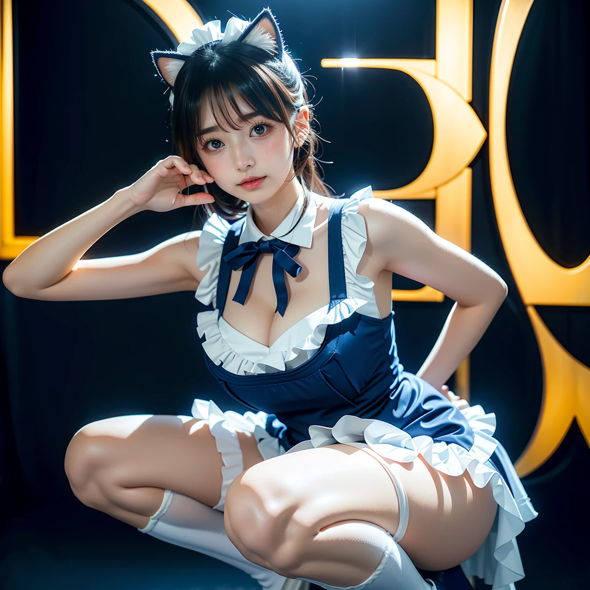 ((Ultra high resolution, highest quality, masterpiece: 1.2), (realistic, photorealistic: 1.37), highly detailed, (Nightclub, professional lighting, photon mapping, radiosity, physically-based rendering, masterpiece, rich details, background blur)
A cute Japanese woman, 18 years old, wearing a light blue bunny girl outfit. The outfit consists of a shiny light blue corset with a plunging neckline, light blue bunny ears, and a matching light blue bow tie. She is also wearing light blue wrist cuffs and fishnet stockings, complemented by light blue high heels. Her hair is styled in long, wavy twin-tails with a light brown color. She has a happy smile, showing her teeth, and has glossy skin and shiny hair. The scene is highly detailed, with professional and realistic lighting. The style is realistic and photorealistic, with extreme attention to detail, and the character has an anatomically correct body structure. The character has a nice body and very beautiful skin. She is facing to the right, looking away from the camera with a natural, candid expression. Her gaze is directed to her right, avoiding the camera completely. (Correct body structure, accurate anatomy, ultra-high quality, realistic lighting, nice body, very beautiful skin, nightclub background, background blur, facing right, looking away from the camera, natural candid photo)