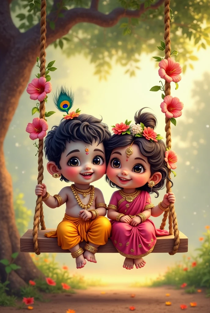 A beautiful Year-old girl and boy boy ka body color blue sky Blue dart are depicted in a serene and joyful scene. The boy, dressed as Krishna in a yellow dhoti and garland, plays a flute while the girl, adorned in a traditional red and gold outfit with jewelry, looks at him playfully. They are sitting together on a swing decorated with greenery, symbolizing Radha and Krishna's divine love. The soft light filters through a lush green background, adding to the tranquil atmosphere, with butterflies fluttering ar