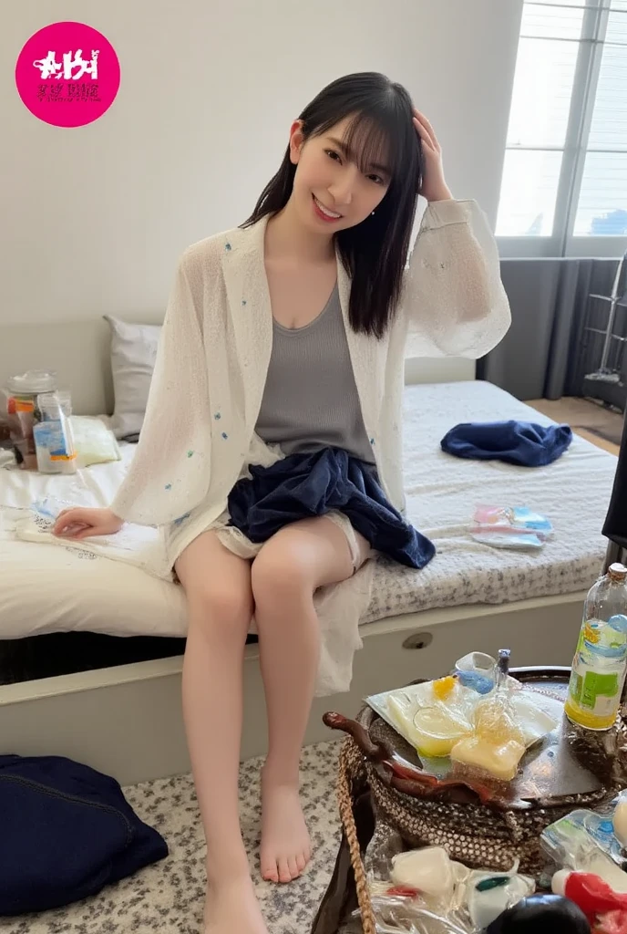 暗いnightの部屋、night、night中、8k, Highest quality, Realistic, Very detailed、Simple room、Young and beautiful girl、Large Breasts、Please show me the amount、Fluffy carpet、Sit on the floor with your legs apart、I spread my legs and show you my pussy、Unbutton your clothes to reveal your 、Open the cardigan with both hands、