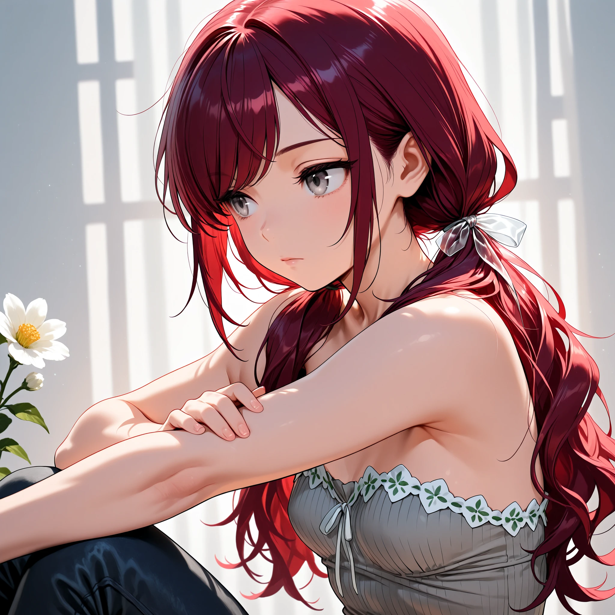 (masterpiece, best quality), solo, intricate details, JK, 1 expressionless girl, looking to the side, hand on own arm, beautiful face, Gray eyes, Dark red hair, long swept bangs, long hair in low twin tails, hair ribbons, translucent ribbons, strapless sleeveless shirt, gray shirt, shirt with flower trim, white flower trim, black jeans, small breasts, slightly toned arms, close up, portrait,