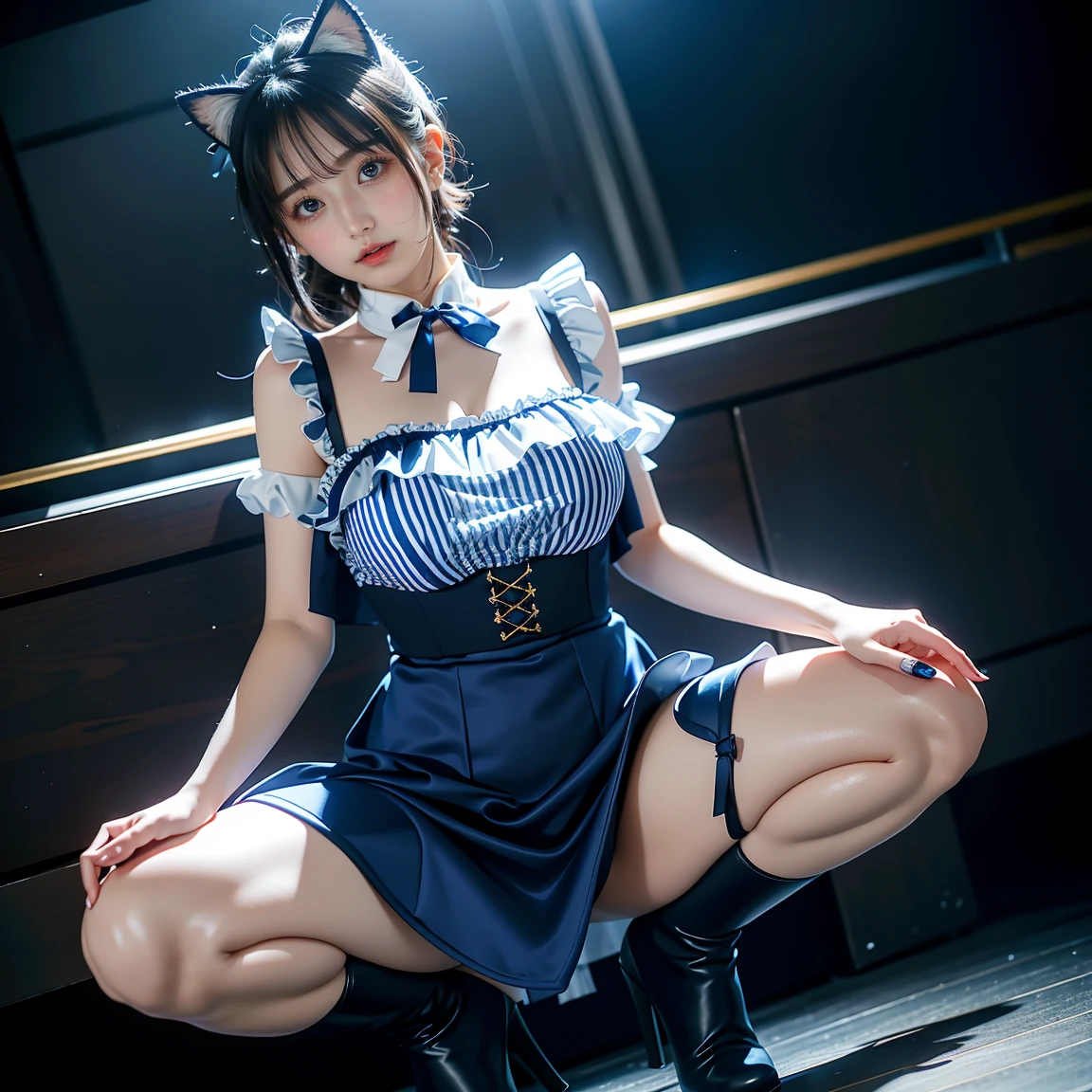 ulzzang-6500-v1.1, (raw photo:1.2), (photorealistic:1.4), beautiful detailed girl, very detailed eyes and face, beautiful detailed eyes, ridiculous, incredibly ridiculous, huge file size, super detailed, high resolution, very detailed, best quality, masterpiece, kemomimi, ((Japanese girls' high school uniform)), illustration, very detailed, CG, unified, 8k wallpaper, amazing, fine details, masterpiece, best quality, very detailed CG uniform 8k wallpaper, face light, movie lighting, 1girl, , ((no panties)), ((dynamic pose))), (camel toe), (half), (pantyhose),