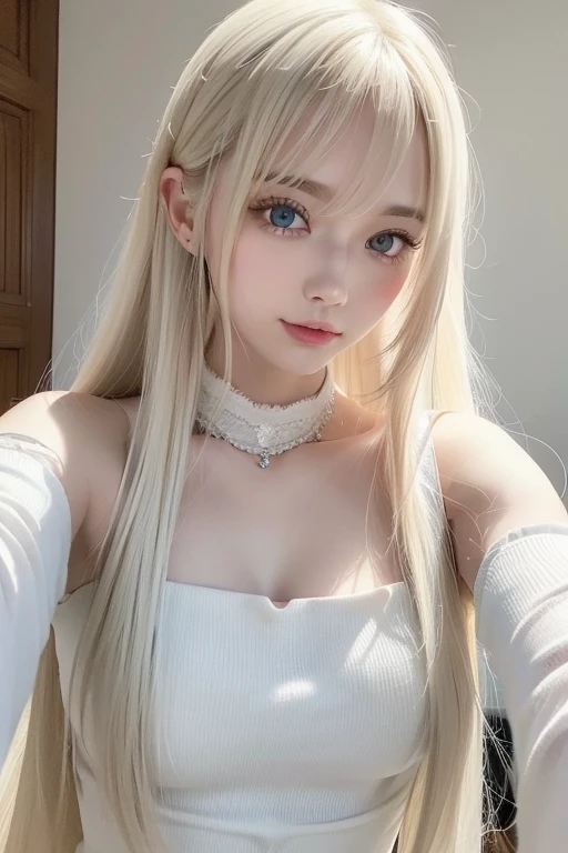 highest quality、8k、32k、masterpiece、Super vivid、Highest quality、8k full vision, Cinematic lighting:1.2)、(Blue right), One Girl、Long Hair Girl、Beautiful Japanese Women、Black-haired、Heavy bangs、Long sleeve shirt、Hair length、Fluffy white sweater、Accentuate your breasts、G-Cup,choker、(Super big boobs), (jirai makeup, Jirai Girl), Sparkling glitter eye makeup, From feet to head、

indoor、moonlit room、A room in an apartment with a sense of life