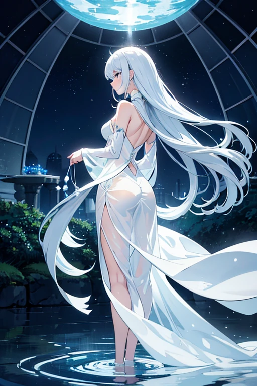 NSFW, ((beste-Qualit, 8K, tmasterpiece :1.3)), dramatic lighting, pretty woman, 1 girl, Sailor Moon, Detailed large eyes, tmasterpiece, breath taking, Viewer, Full growth in the frame, Long white hair, gray hairs, Two bundles on the head, pale skin, Odango hairstyle, Careful, ah high, Real water, White transparent wet long dress, semi transparent dress, Wet, crystal clear water, The water is flowing, beautiful big breasts, sexypose, sexy expression, glossy skin, A crystal palace is visible in the background, Palace of Crystals, Crystals and crystal in the air and around the character, Beautiful flowers, Crystals glow
