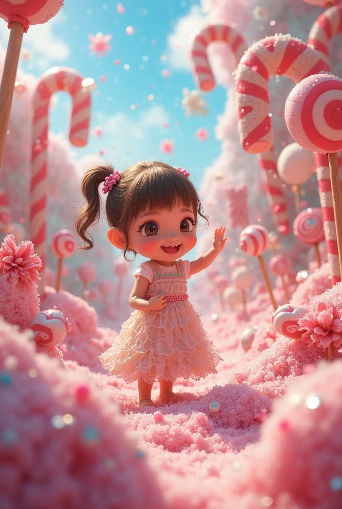 Create a scene where an adorable baby is wearing an ice cream costume and waving his other hand, and walks confidently down the runway, smiling, showing off his ultra-realistic fashion sense. camera moving