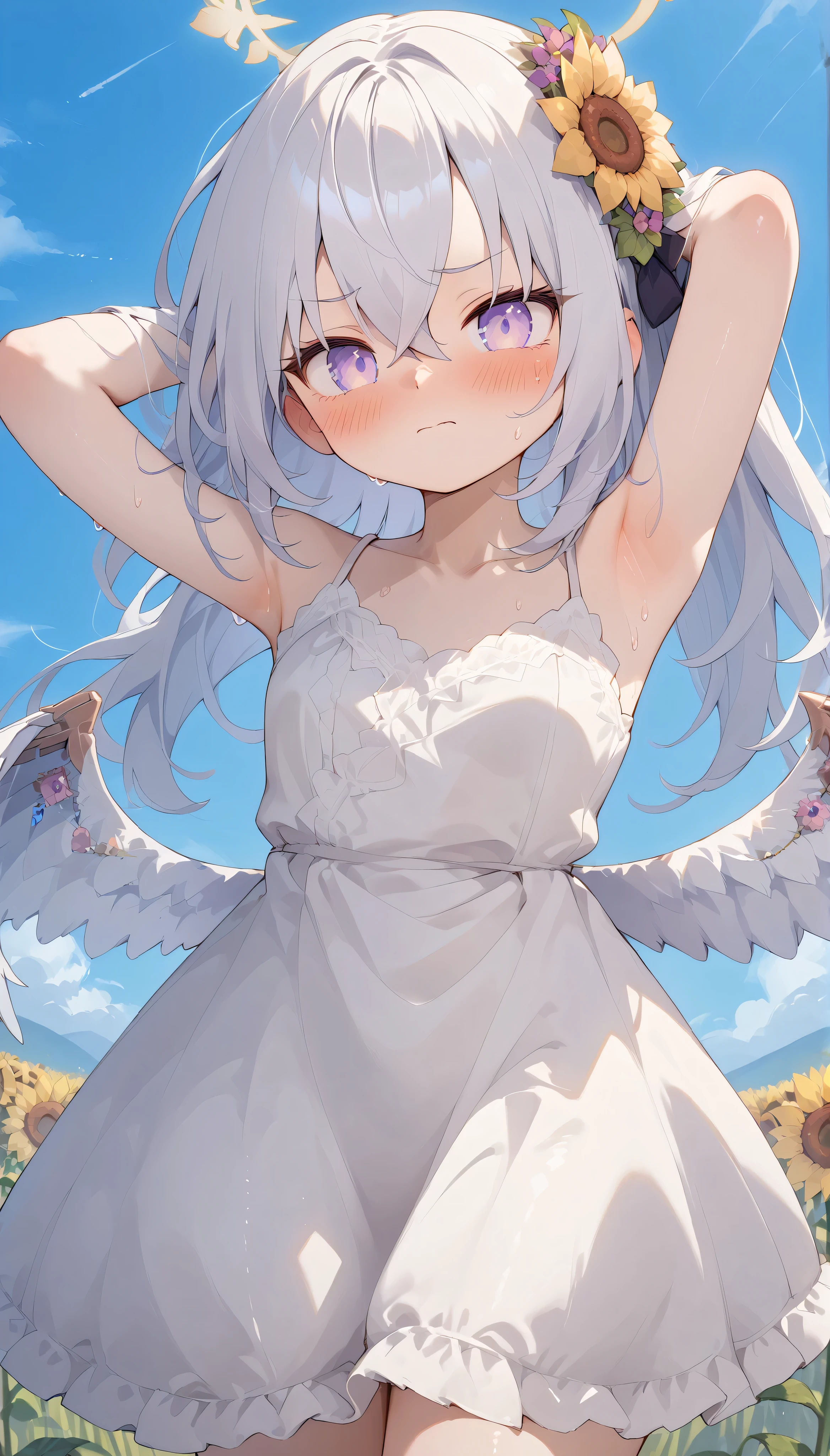 azusa (blue archive),purple eyes,white hair,long hair,wings,hair flower,halo, solo, I can see my eyebrows from the inside of my hair, hair between eyes, is embarrassing, masterpiece, Best Quality, very aesthetic, thick thighs, Wide pelvis, sleeveless white dress, outdoor, grassland, sunflower field, closed mouth, straw hat, full-face blush, embarrassing, blush, very sweaty,large amount of steam, show armpit,detailed armpit, (embarrassed) upper body,