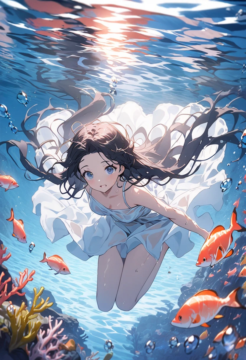 Underwater tracks and crossings、Giant goldfish swimming around、A girl in a white bikini is standing at a railroad crossing waiting、Seaweed、Coral、Colorful scenery、8k、High quality、Glittering water surface、Sunset、Underwater Images、