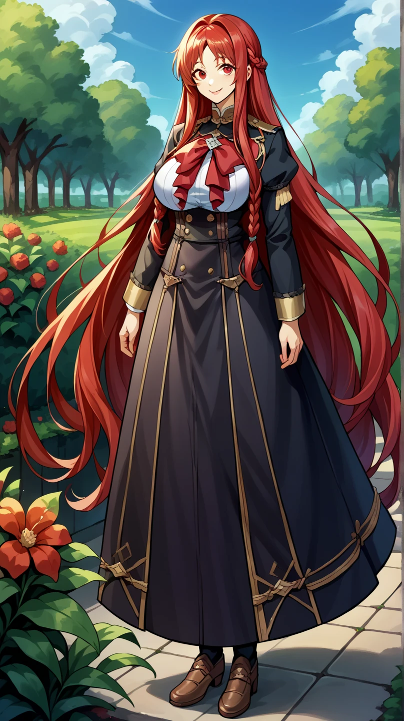 A woman wearing a red dress with yellow details, long sleeves, dressed in the medieval aesthetic of the 1700s, large breasts, red red hair, red eyes, smiling, luxury yellow fur cape, wearing a luxury madam's hat, red heels , standing on a luxurious platform, a large and luxurious mansion in the background, lawn around the house, medieval aesthetics, mountains in the background with trees,.UHD , prime work , accurate , anatomically correct , textured skin , super details , high quality , best quality, 8k, high resolution, bokeh effect. (woman solo)

