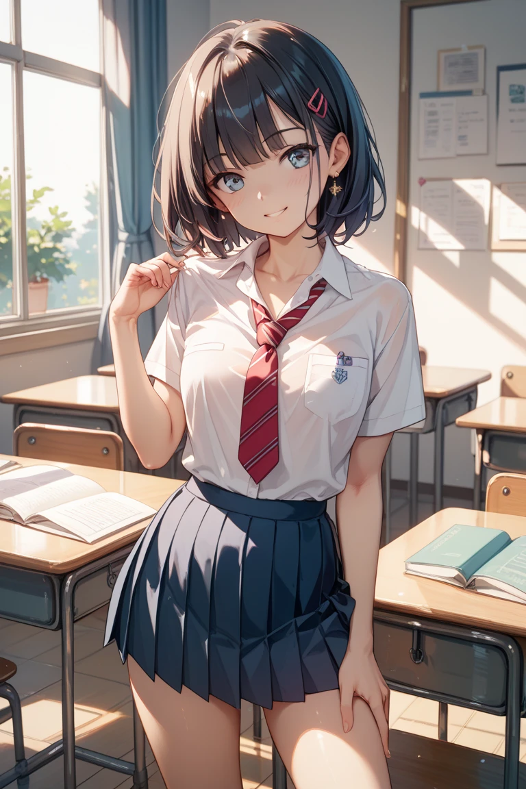 ((realistic)),((masterpiece,Highest quality:1.3,best quality illustration)),cowboy shot,solo,1woman,18 year old beauty、black hair,short bob hair,bangs,black eyes,(gorgeous big eyes),((very small head:1.3)),smile,((very long body,:1.2,skinny)),((tan skin:1.4)),small breasts,(Collared short-sleeved shirt、redbow,Navy blue pleated mini skirt),gleaming skin,oily skin,slender body,sweat,machine、classroom、School、Tokyo、