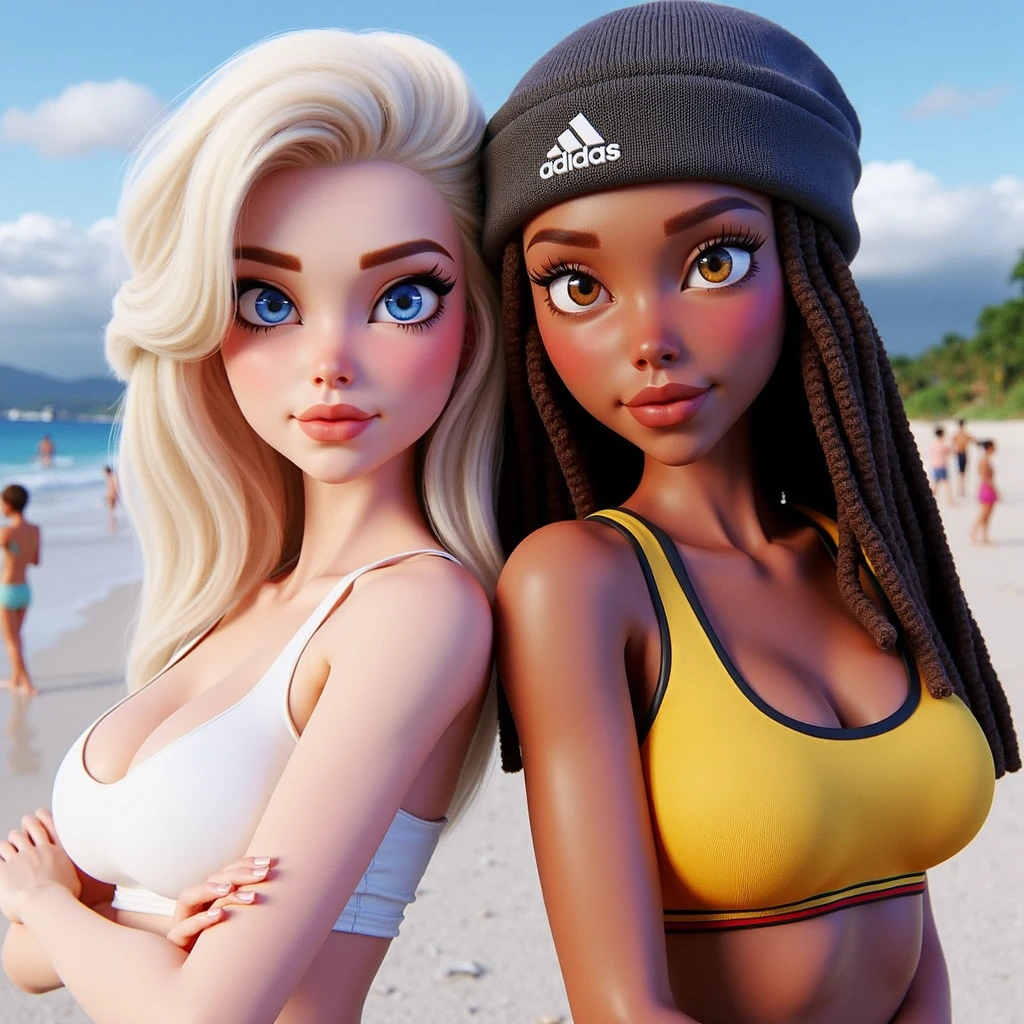 "Masterpiece, high quality, detailed, high resolution, 4k, 8k, realistic skin texture, amazing shadows, perfect lighting, hyper-realistic." woman (blonde hair, tanned white skin, toned abs, green eyes), at a pool party kissing a girlfriend (Black hair white skin) night, night lights, detailed background, wet lingerie, wet, blushing