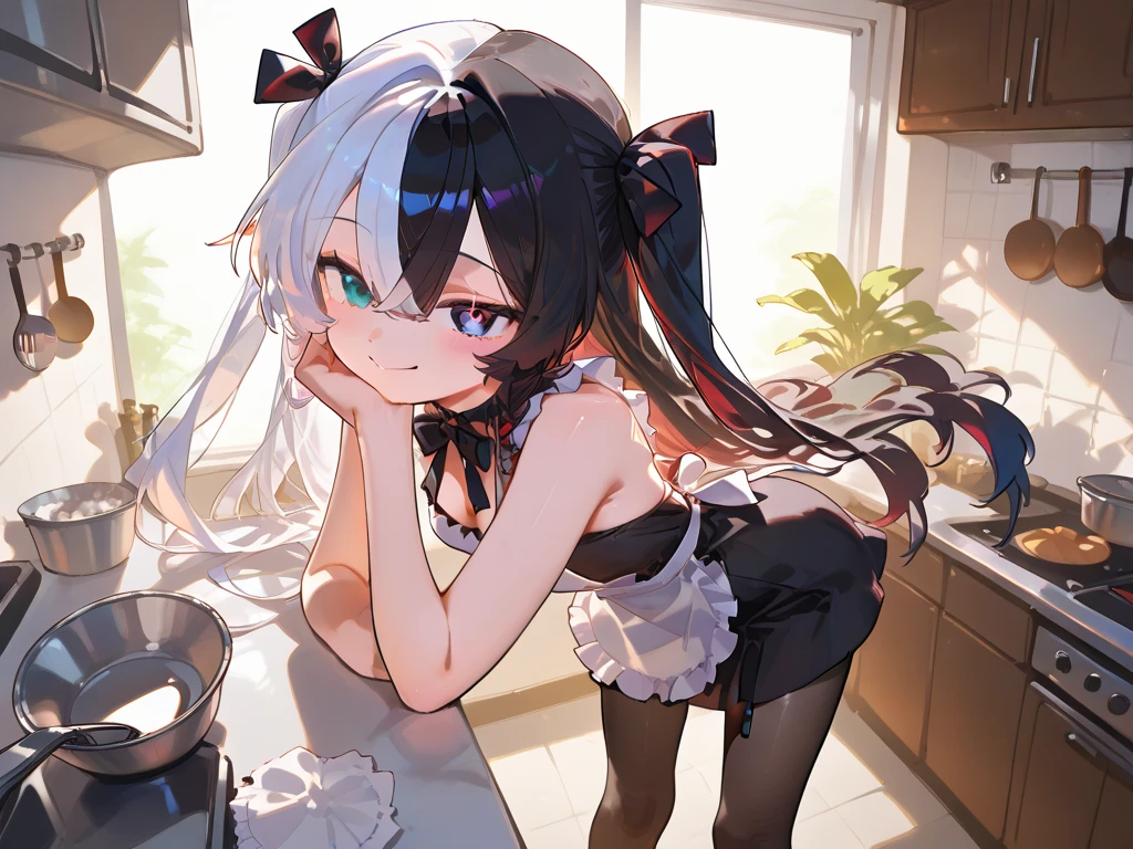 (Mood: Joyful) 2girls, Kawaii anime art of two female platonic friends having fun in a kitchen. The indigo-haired woman possesses bat ears and wings. The second woman, with silver hair tied in a ponytail and orange eyes. (Cute: 1.8), the best anatomy, asian, cameltoe, unzoom, animal ears, large chest, glasscutters tits, tits and bits, (platonic: 1.9), trust, (cooking: 1.9), close friends, open mouth, cleavage, ((((masterpiece)))), ((best quality: 1.2)), (playfulness: 1.9), (((from above))), ((((best proportions)))), (sisterhood: 1.7), cooking, (pan: 1.8), (bonding together: 1.9), (care: 1.8), (hug: 1.6), (skinship: 1.8), (naked apron: 1.9), (panties: 1.7), (mature women: 1.5)