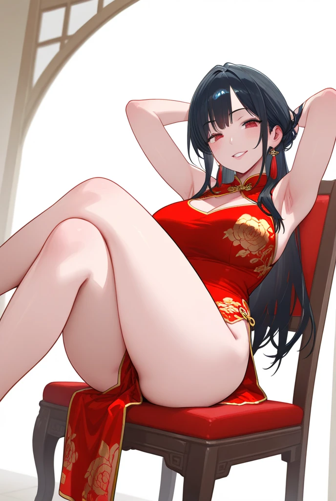 (((best quality))), ((ultra-detailed)), ((an extremely delicate and beautiful)), ((16k)), realistic, hd, cgi, gleaming hair, gleaming skin, gleaming dress, Character focus, solo, sitting down pose on a high throne, strong light coming in, sharp focus, illustration, game cg, anime, solo, curvy, (big breasts:1.3), forehead, ( white gold lining Chinese Lace Up Cheongsam Open Chest Bodycon Dress High Slit Qipao mini), faste collarbone, (belly:0.9), looking at the viewer, ocean, flower hair ornament, accessories, backlighting, shiny skin, shiny body, chibi, gloves, necklace, jewellery, black-brown hair, bead necklace, red faded into black colored hair, brown eyes, long hair, red ombre hair, red-black hair, more yellow hair streaks, smaller dress, mommy goddess, thighs, looking down at the viewer, bare feet directed at the viewer, goddess, female dominance, mean look, Axolotl