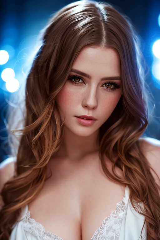 erotic woman, HUGE LONG HAIR, very voluminous hair, very pale skin, Very delicate skin, Blue eyes, rosy cheeks, high cheekbones, thin nose, COVERED EARS, VOLUME LIPS, closed mouth, serious face, looking at the camera, holds breasts with hands, open neck, voluminous breasts, CLOSE VIEW FACE, front view, strapless cleavage, THEATER STAGE, Backlight, Red curtains, CURTAINS BACKGROUND, IMAGE WITH 100mm LENS, Accurate image, masterpiece
