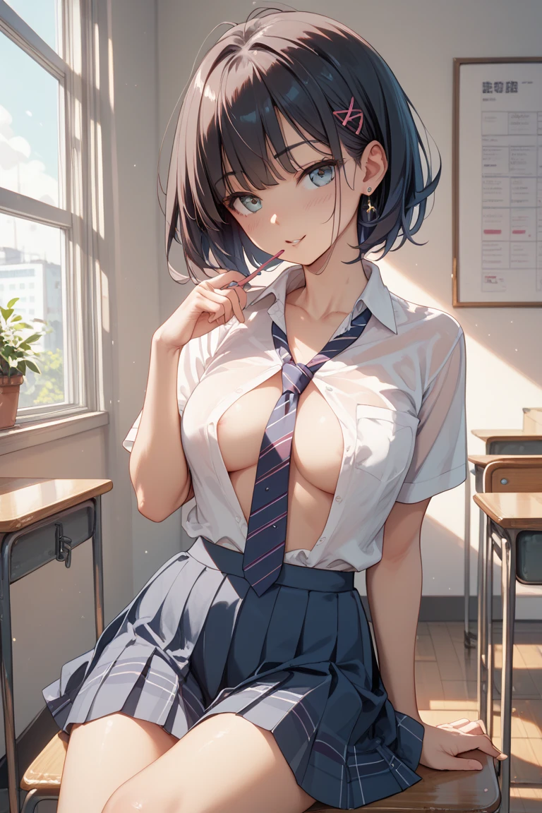 1 girl, short hair, bob haircut, parted lips, blush, compensate, provoke, belly button, underboob, sitting, school uniform, classroom, school bag, light, shine, thighs, clavicle, tight waist, (masterpiece), wallpaper,