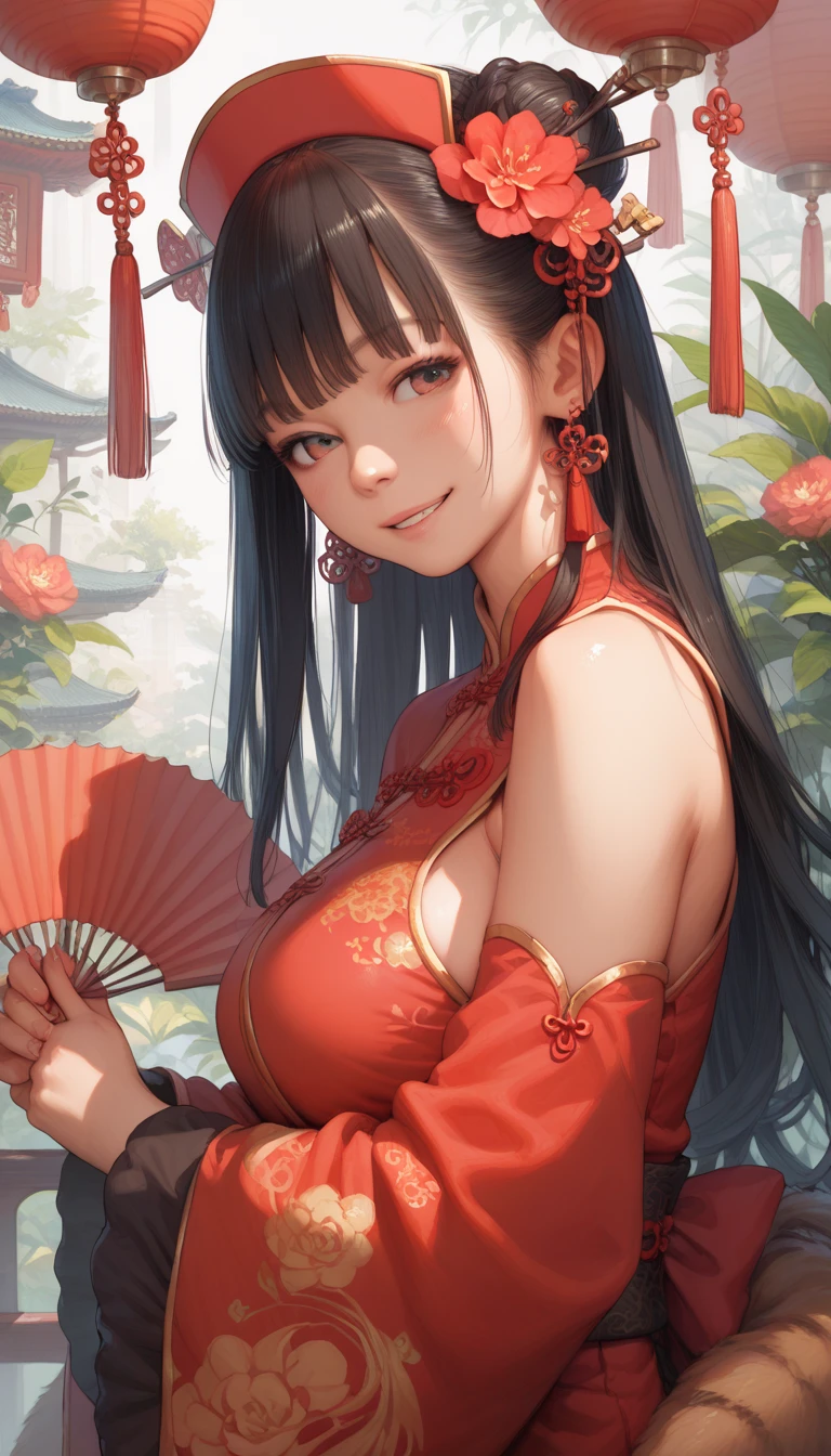 1 lady solo, /(Chinese dress with floral embroidery/), /(black hair/) bangs, blush gentle smile, (Masterpiece of the highest quality:1.2) Delicate illustrations super detailed, Big BREAK 、panties見せてください、underwear、panties、ponytail、golden hair、twin tails、Fishnet tights