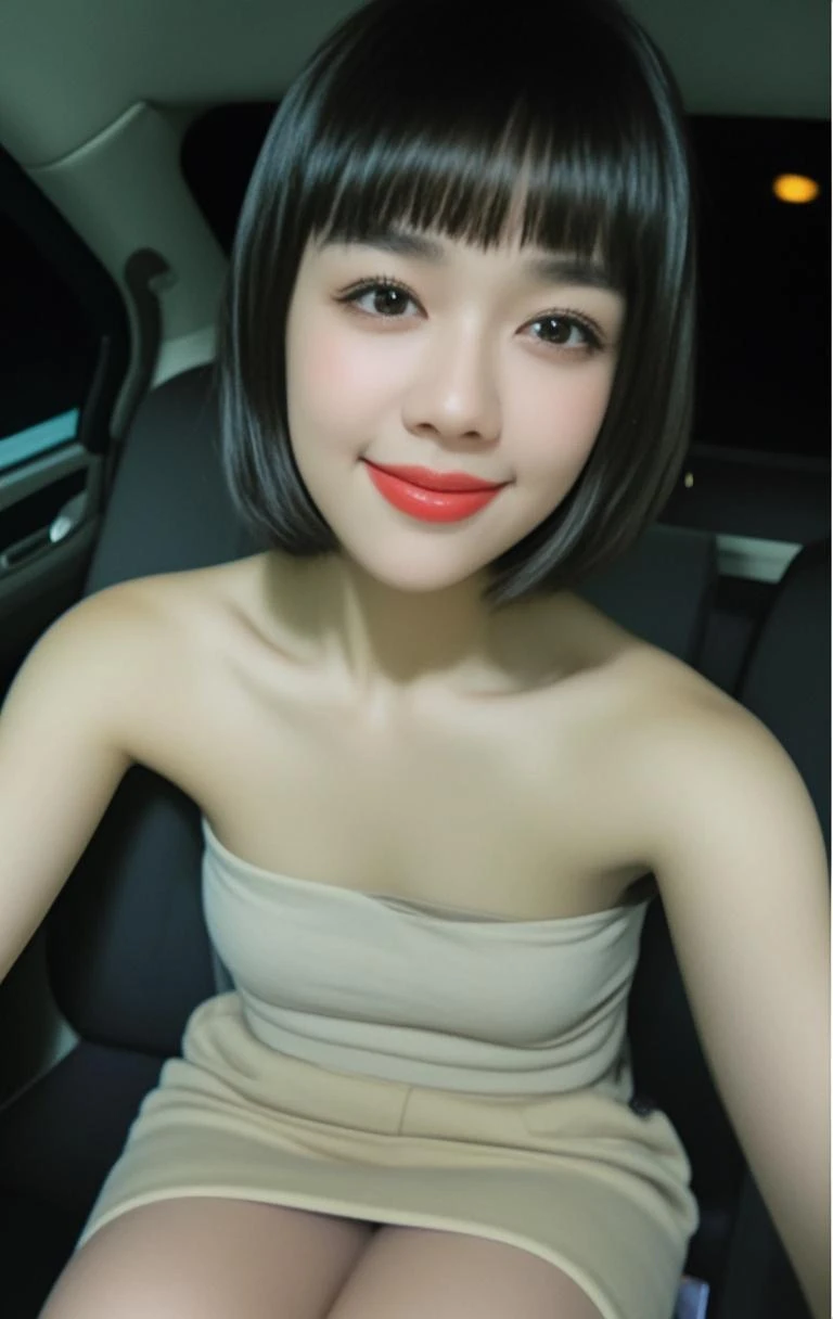Naked Japanese woman sitting in a car、Assistant、with an elegant smile、Beautiful 22 year old woman、Completely naked、Full nudity、Beautiful breasts、Seat belt、drive