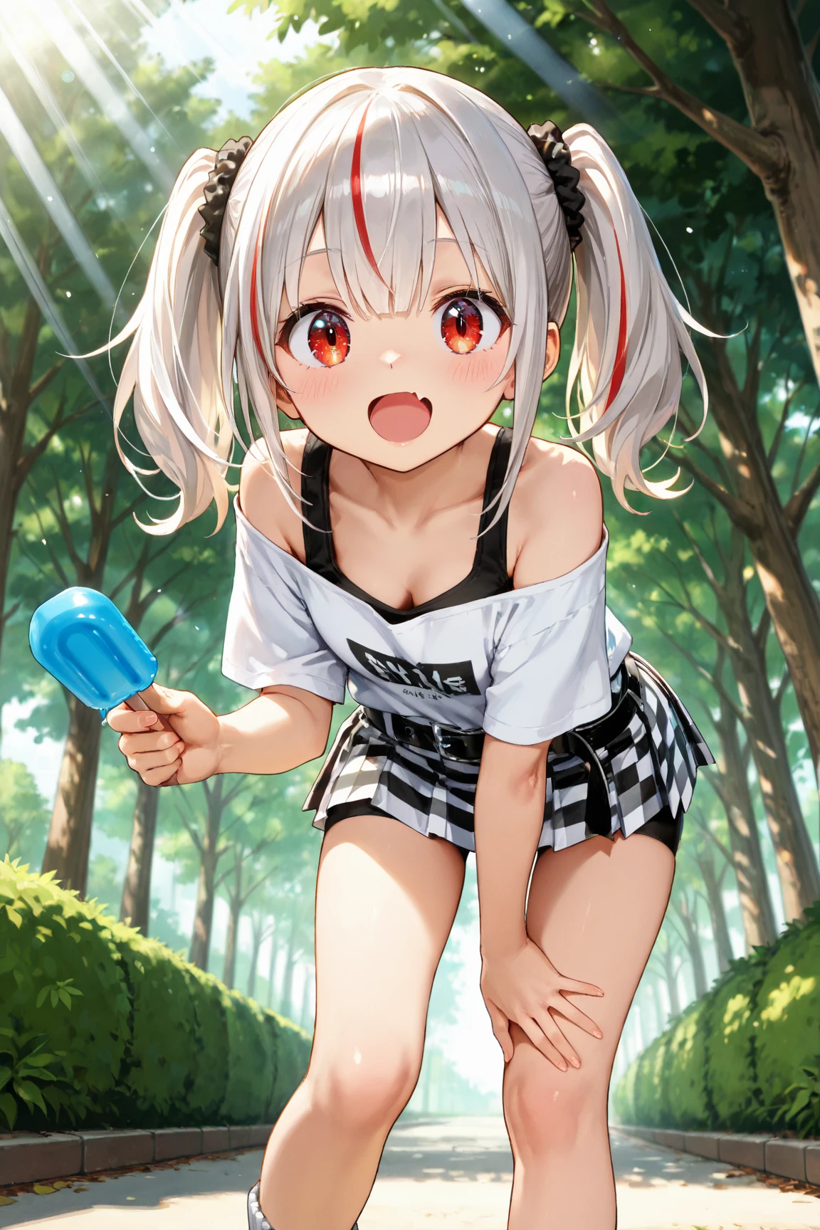 ((Gawr gura)), ((Masterpiece)), 8K, wide shot, cinematic lighting, (very messy hair), flat body, (relax and unwind), (Lie down on the clean lawn), (exposed breast), (tattered and torn dirty white-camisole), Slender, smile and open big mouth, (slum), Textured skin, Cute Beautiful girl