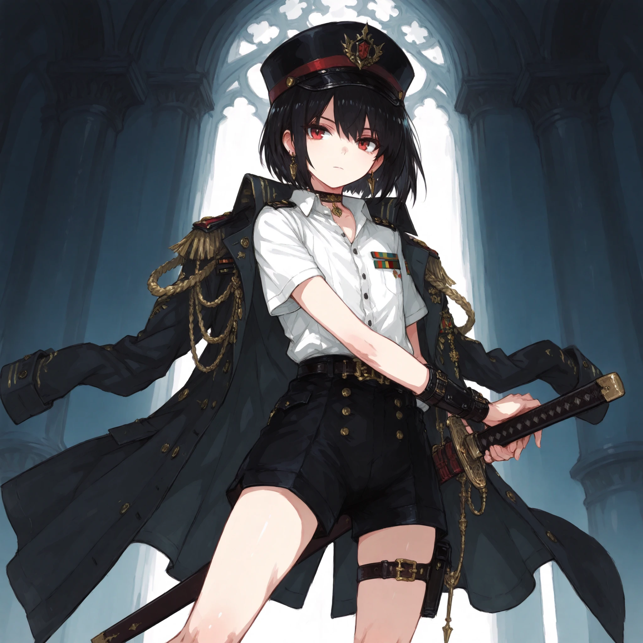 ((Best Quality)), ((masterpieces)), (detailed), Perfect Face, SOLO, ((femboy)), tomgirl, ANIME, beautiful detailed eyes, BOB hair, BOBed hair, black hair, RED EYES, BARE thighs, (((BARE LEG))), ((BLACK short pants)), (((dress shirt))), ((Flat chest)), Choker, (thigh strap), uniform hat, ((general uniform coat)), arm straps, ((black general's uniform coat draped over the shoulders)), expressionless, tight short black shorts, earring, Royal palace, GREAT HALL, (buckle), ((Tuck in the shirt)), ((uniform coat)), short sleeves, wrist guard, fantasy sword, (draw the sword from the scabbard), ready to draw sword pose, Battoujutsu