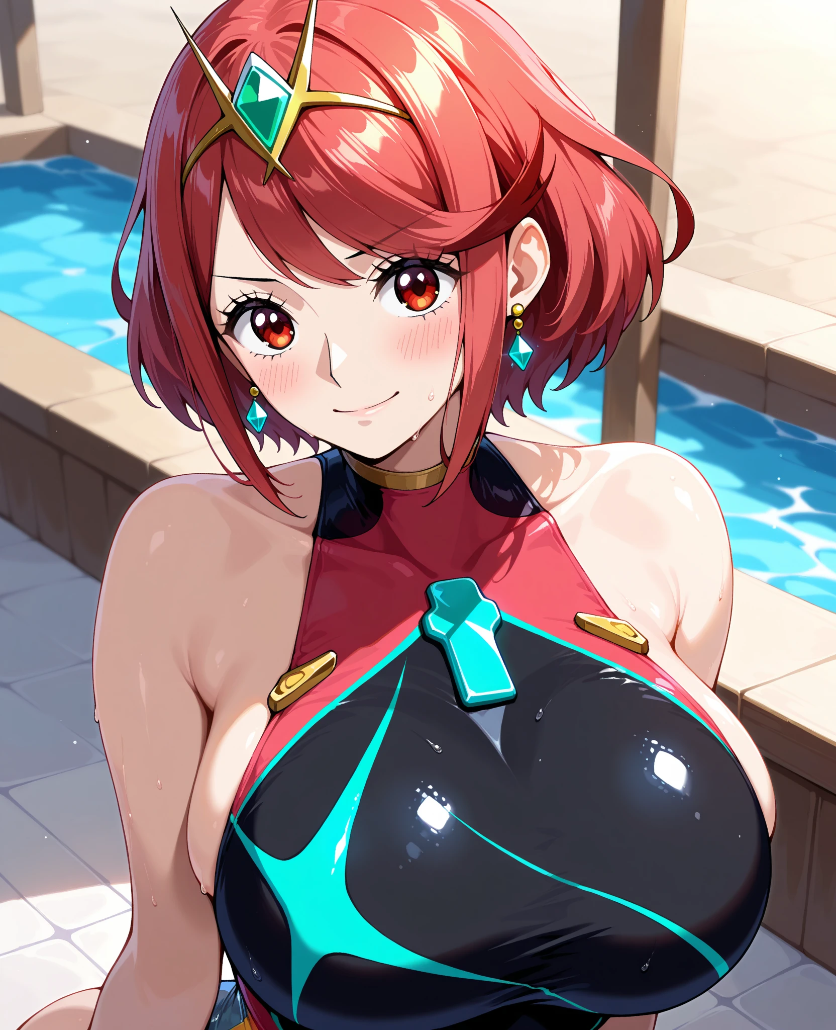 (best quality,4k,8k,highres,masterpiece:1.2),ultra-detailed,realistic,beautiful detailed eyes,beautiful detailed lips,extremely detailed eyes and face,long eyelashes,red bikini,green hair, short hair,blue eyes,red mecha headgear, small waist, skinny legs, small breasts,smiling,piscina,sharp focus,vivid colors, full body, sun light in front, red sandals