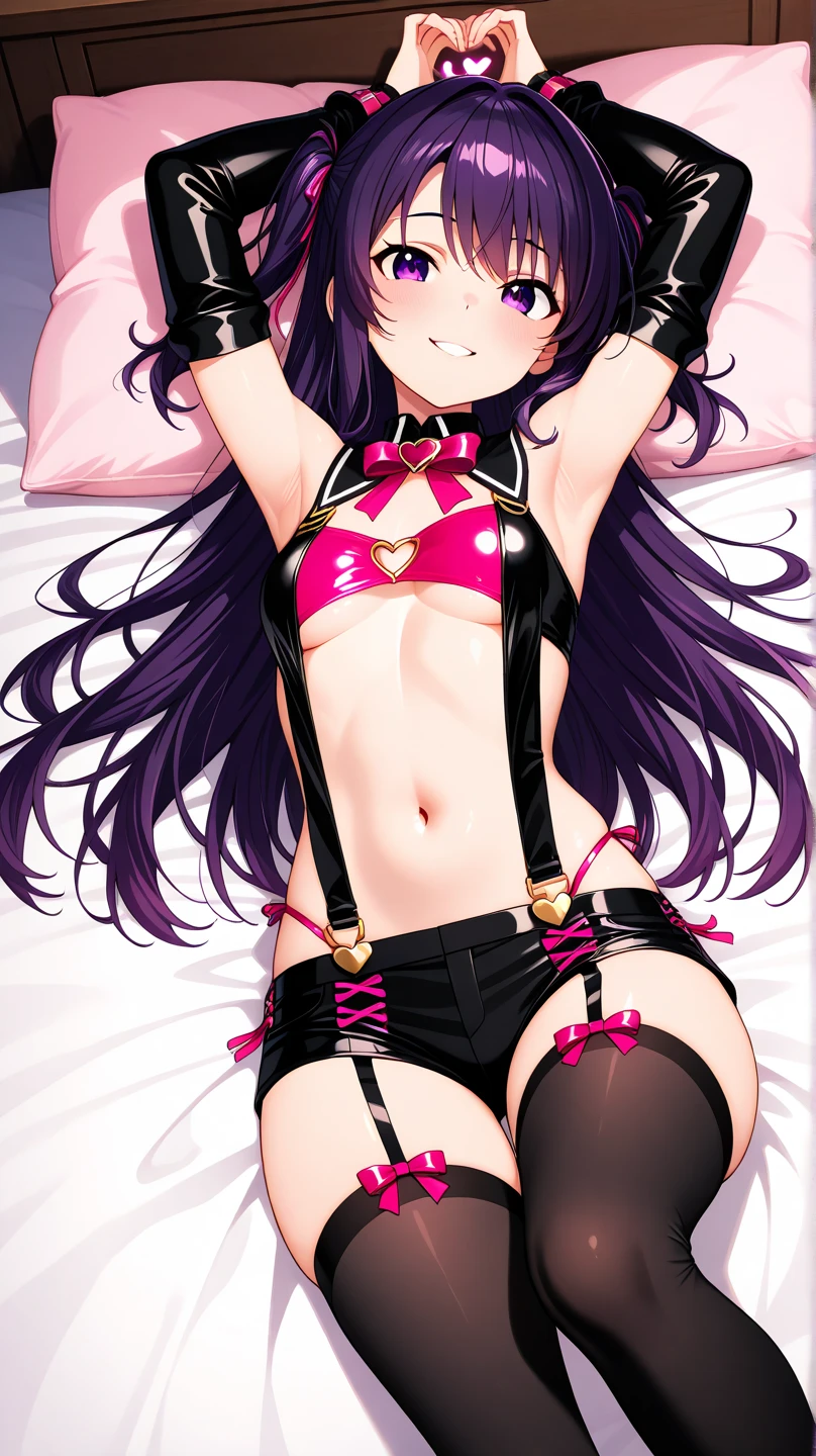 masterpiece, best quality, highres, 1girl, kizuna ai, huge breasts ,long hair, brown hair, multicolored hair, floating hair, pink hairband, pink highlights, streaked hair, smiling, navel piercing, tattoo on stomach, navel, black tank top, black panties, thighs, thong panties, through clothes
