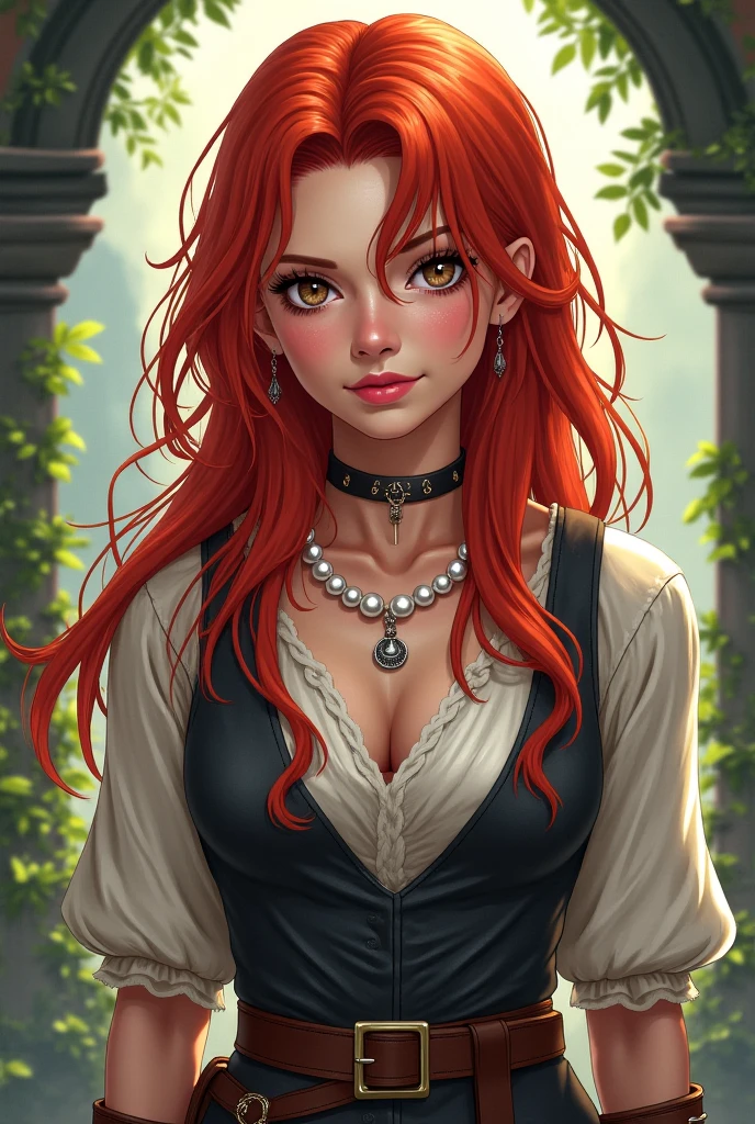 Fantasy Character. adult woman, orange hair and orange eyes, fair skin with freckles, a frightening feature, with a dominant look. Medieval era anime style.