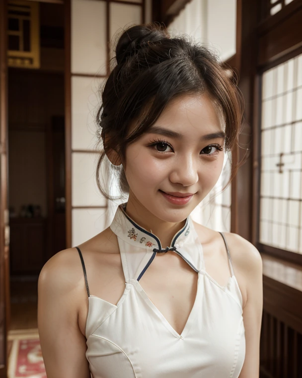 A girl wearing cheongsam，Fine details，Real skin material，face close-up，Highest quality