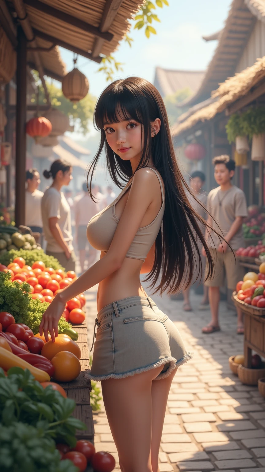 Young 16 years old Asian girl long brown wavy hair pretty face beautiful breast naked exposed nipple exposed pussy with put the eggplant in his mouth in tradisional market