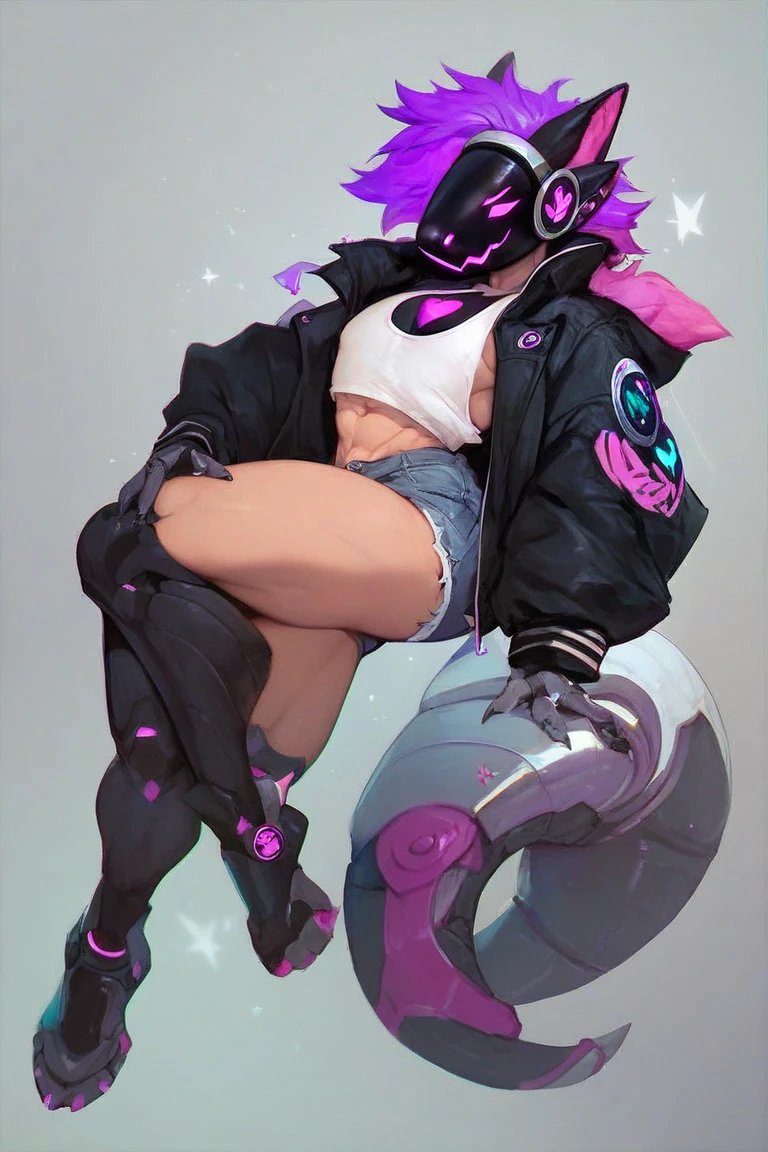 work of art, best qualityer, ultra detali, illustration, epic lighting, film composition, 1 girl, cute, red sclera,red pupils, cyborg, tatoo, hair green, colored fur, breasts small, Black jacke, legs apart hands with black gloves with yellow details, seducing gaze, seductively pose, trunk:1.1, gazing at viewer, pretentious smile, cloused mouth, plein-air, citys, cyber punk, neon lights, Street, (natta, tenebrosa, tenebrosaness, tenebrosa como breu, eyeshadows:1.4), (8K:1.1),  