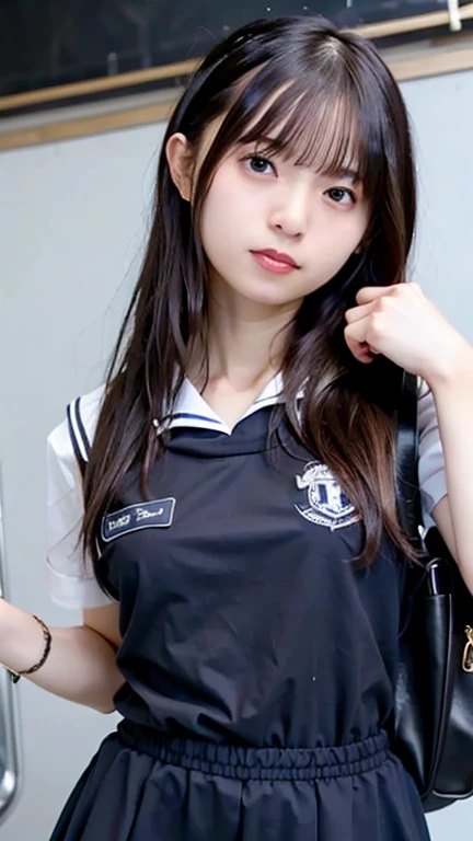 masterpiece, highest quality, High resolution,super detailed, amazingly beautiful woman,1girl, (beautiful girl, Delicate girl:1.3), (13 years old:1.4), break, (School uniform of navy blue blazer and navy blue skirt:1.3), break, extremely fine-grained clarity, (symmetrical eyes:1.3), break, (Inside the school building:1.3), break, small breasts, brown eyes, ponytail, brown hair, (Eye and face details:1.3),break, (A smile that shows white teeth:1.3),break,pose sitting on a chair