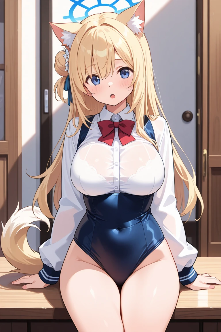 highest quality、nice sexy body、one woman、solo、((Beautiful busty woman:1.3))、((Blonde Hair Woman:1.3))、straight hair woman、long hair woman、nurse costume、(A woman wearing a white nurse-style leotard:1.3)、A woman wearing white knee-high socks、garden、Woman with a big smile