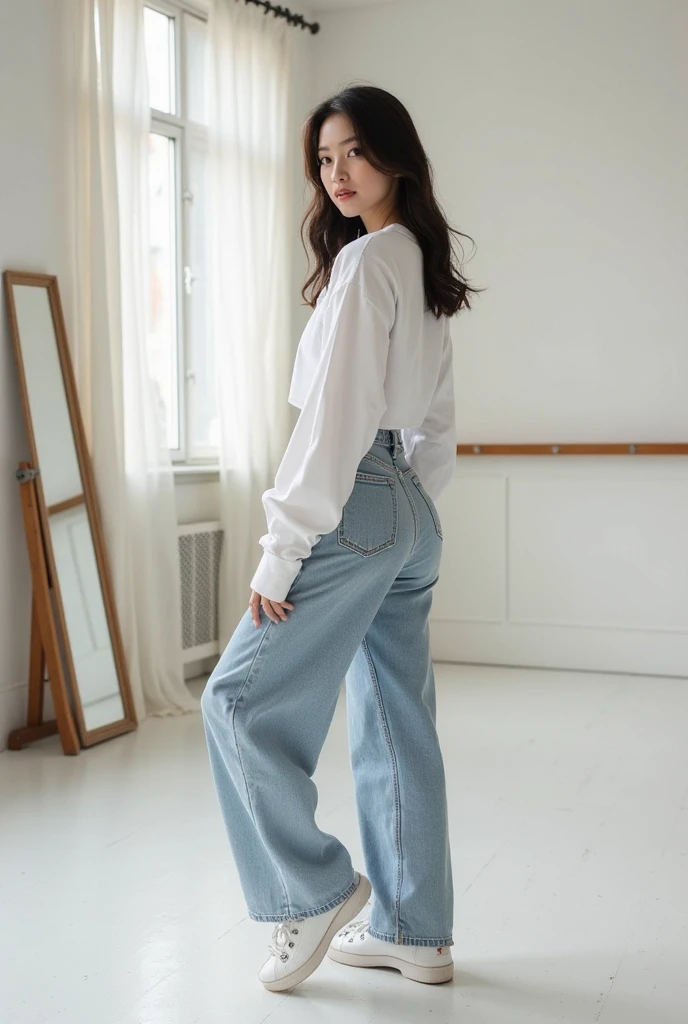 Realistic images of Japanese beautiful girls, 1girl in, (Photorealistic:1.4), masutepiece, Best Quality, 8K, 32K,Department store upward escalator,a miniskirt、short coat、bottom body close up、View from behind、Very low camera angle、Slouched、bent forward、((Panchira))、Buttocks