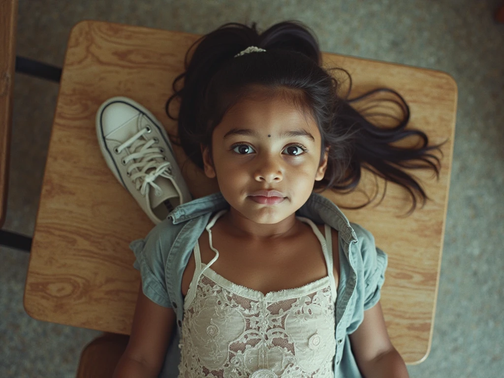 A real living & breathing little black girl appearing to be the age of a toddler, with wide curious gray eyes. With a cute little dark brown, curly Afro along with a red bowtie on the right side of her hair as she laying on her stomach, engrossed in the act of creation. Clad in a green dress with yellow frills, the holds an orange pencil, their focus entirely on the paper before them. The indoor setting, with wooden paneling and walls painted in a muted greenish-gray, provides a tranquil backdrop for this moment of childhood concentration and creativity.