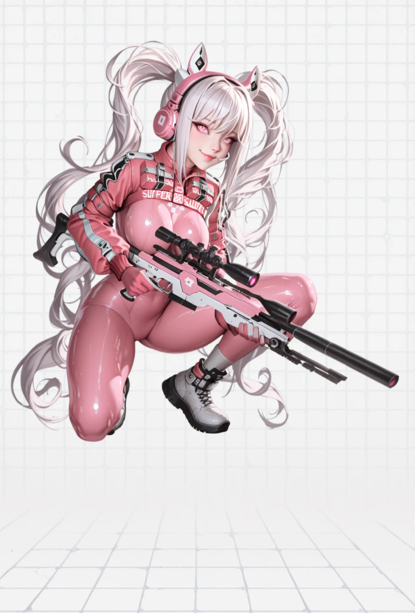 (Perfect anatomy), masterpiece, ultra high quality , 16k, masterpiece, higher quality, Ultra-high resolution, maximum resolution , ultra detailed, professional lighting, anime, so beautiful , Highly detailed 16k eye, highly detailed face,hyperrealistic eyes , Pretty Eyes , better quality, pretty face, attractive face, detailed facial test , Rotulo2, seductive face,(extremely detailed and high quality illustration),(best lighting and shading effects, high detail, medium, nice hips, perfect body, 1 girl, alone, high resolution, masterpiece, best quality, detailed CG, detailed face, detailed skin, alice, nikke, goddess of victory, alicedef, pink eyes, white hair, twintails, very long hair, bangs, headset, fake animal ears, animal ear headphones, shrug \(clothing\), long sleeves, medium , pink bodysuit, latex bodysuit, multicolored gloves, pink gloves, white, y, h dynamic pose, smirk, looking viewer, glowing suit, sniper pink, sniper in hands, on knees, metal barrel, back to the barrel, post-apocalyptic background, destroyed city