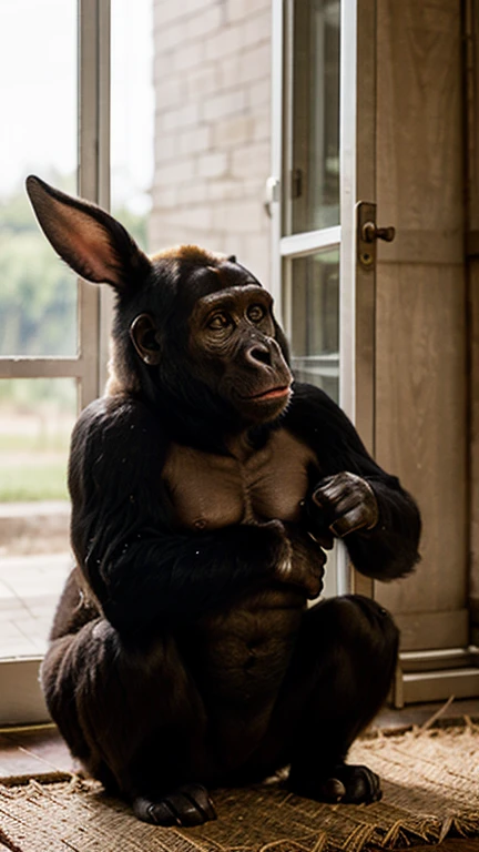 An injured gorilla sits on a bench in first class,Holding a pink flower in his hand