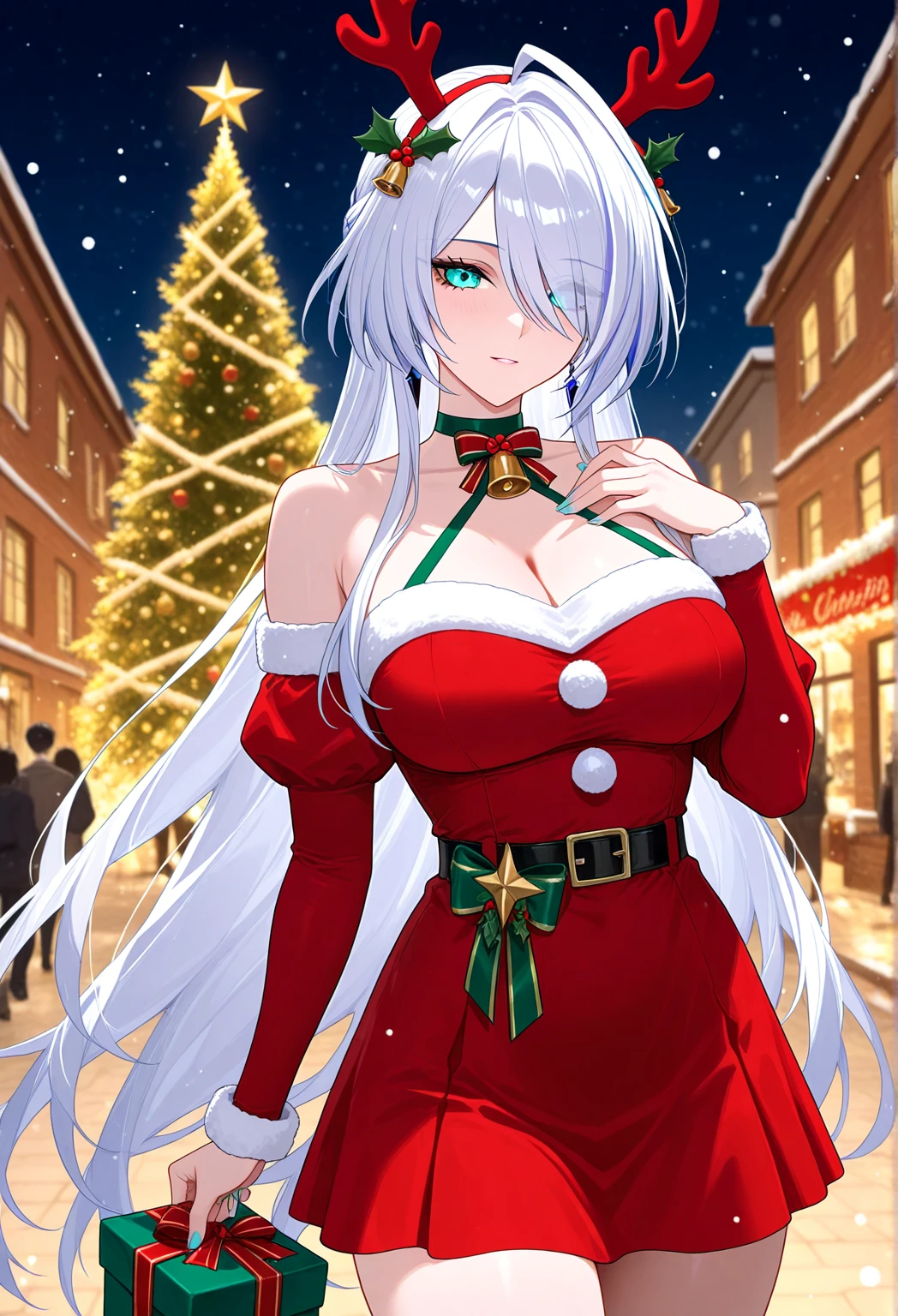 8k wallpaper、Raw photography、masutepiece、top-quality、Cowboy Shot、Looking at Viewer、Full limbs、complete fingers、Slender beauty、silver french braid、aqua eyes,Beautiful Large Breasts、(Detailed ultra-oily shiny skin:1.1)、oily shiny thighhigh、(Perfect red Santa Claus leotard with fur:1.3)、((red long boots with fur))、（Far Santa Glove REAK,（thighs thighs thighs thighs、Absolute Realm Kanta Cloth Hat）、Beautiful、A slight smil、Winter cityscape、shopping street、It's snowing、white Christmas、Christmas tree、Give a gift