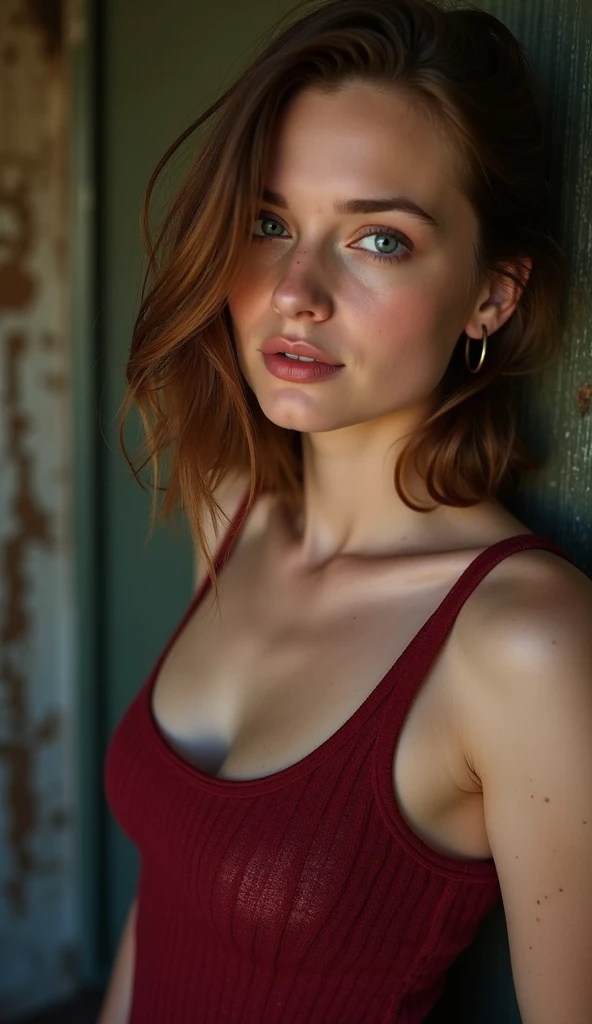beautiful Caucasian redheaded woman of 26 years, some small freckles, dressed in a tattered nightie, fallen suspenders, loosened, shyness, seduction, romanticism, biting her lower lip, loving look, on an overhang rock, lake in the background, sunset, photorealistic, photo, masterpiece, realistic, realism, photorealism, photorealism, high contrast, trendy photorealistic digital art on Artstation 8k HD realistic high definition detailed, detailed, skin texture, hyper detailed, realistic skin texture, best quality, ultra high resolution, (photorealistic: 1.4),, high resolution, detailed, raw photo, sharp re, by Lee Jeffries Nikon D850 film Stock Photography 4 Kodak Portra 400 camera F1.6 rich lens colors texture hyper realistic dramatic lighting Unrealengine trending in ArtStation Cinestill 800, no text