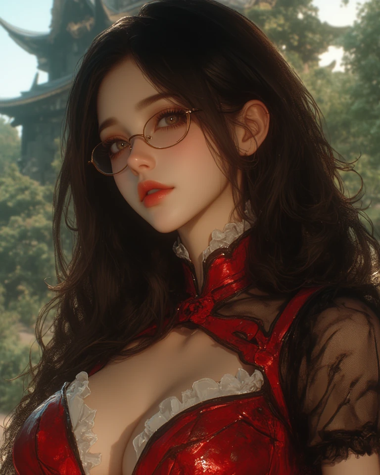 Fine、(The best illustrations)、8k UHD resolution、intricate-detail、top-quality、realisitic、ultra-detailliert、The best lighting、Best Shadows、Soft lighting、Ulutra HD、Ultra-realistic、Tindall Effect、Photorealsitic、(High Detail Skins:1.2)、 (Intricate details, makeup, pureerosface_v1:0.5), (Detailed beautiful delicate face, Detailed beautiful delicate eyes, A perfectly proportioned face, High detailed skin, Detailed skin, best ratio four finger and one thumb, arms below breasts, Tattoo with a red glow under the stomach、Awesome awesome, wide hips, smooth midriff, skiny and thin, __Fashion__, __hair__:1.25)、Digital SLR、 absurderes、1 beautiful devil woman from hell, surreal female portraits by David Hockney and Alphonse Mucha, Portrait of a seductive woman、Fantasy Art, Chinese Doll、Chinese actress、Dungeon、The dragon、Devil's Palace、Devil's Torture Chamber、natta、Dark style 、In the Dark、(Detailed spooky backgrounds:0.8), magia、 女の子1人、Evil Nun、Dark Necromancer、Succubus、Devil's Daughter、Umi Shinonome、Bat Wings，(((Demon Horns)))、 ((((Huge glasses, Otaku Glasses, thick glasses, Round glasses)))),(((Colossal tits)))、(Devil's Tail)、(red eyes glowing:1.6)、red eyes make up very sharp and detailed, The eyes are very well made up, ((Red Eye:1.0)),intricate tattoos, demonic intricate tattoos, thigh tattoos, body tattoos, ​masterpiece、The most beautiful face、a baby face、Charming smile、plump beautiful red lips、Muscular seductive body、The enchanting body of the devil、devil style、Seductive Black Magic Costume、(((A shiny red snake is wrapped around her body)))、The long-haired、Braids、Black hair、Ponytail distortion、, Ponytail with a bow tied at the back of the hair, Beautiful expression、Body Up、Large breasts emphasis、Bust,  Super tight breasts, Breast augmentation surgery, The breasts are very big and round and round,Toned waist、Wide buttocks、 lowkey, cowboy lens, (Black Phoenix Dress: 1.0),  devil crown,  Red sparkling gemstone necklace、Jewelry Gwise,  wearing black mesh socks,wearing a thin red a