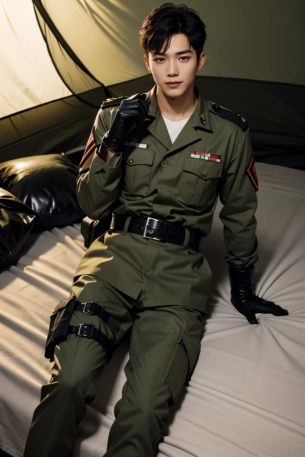 Jungkook in his army uniform and his arm with tattoos